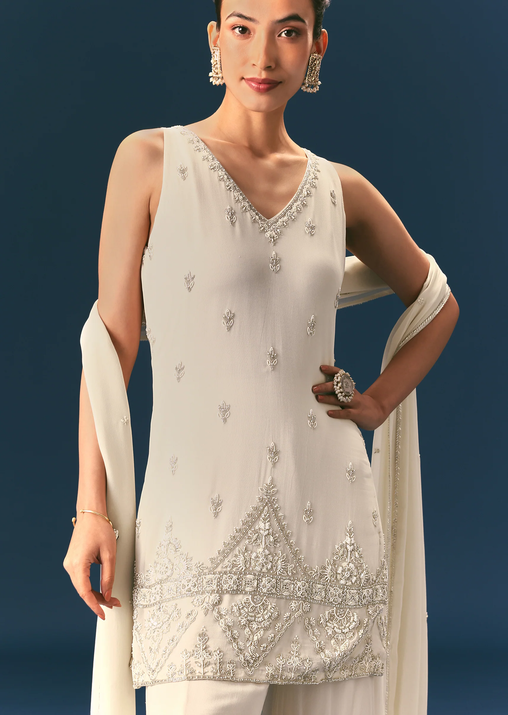 Off White Hand Embroidered Sharara Suit With Choker Dupatta - Image 5