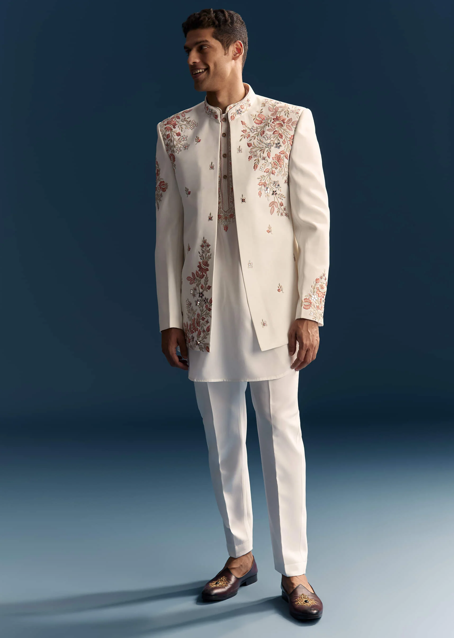 Off White Indo Western Set For Men With Hand Embroidery - Image 5