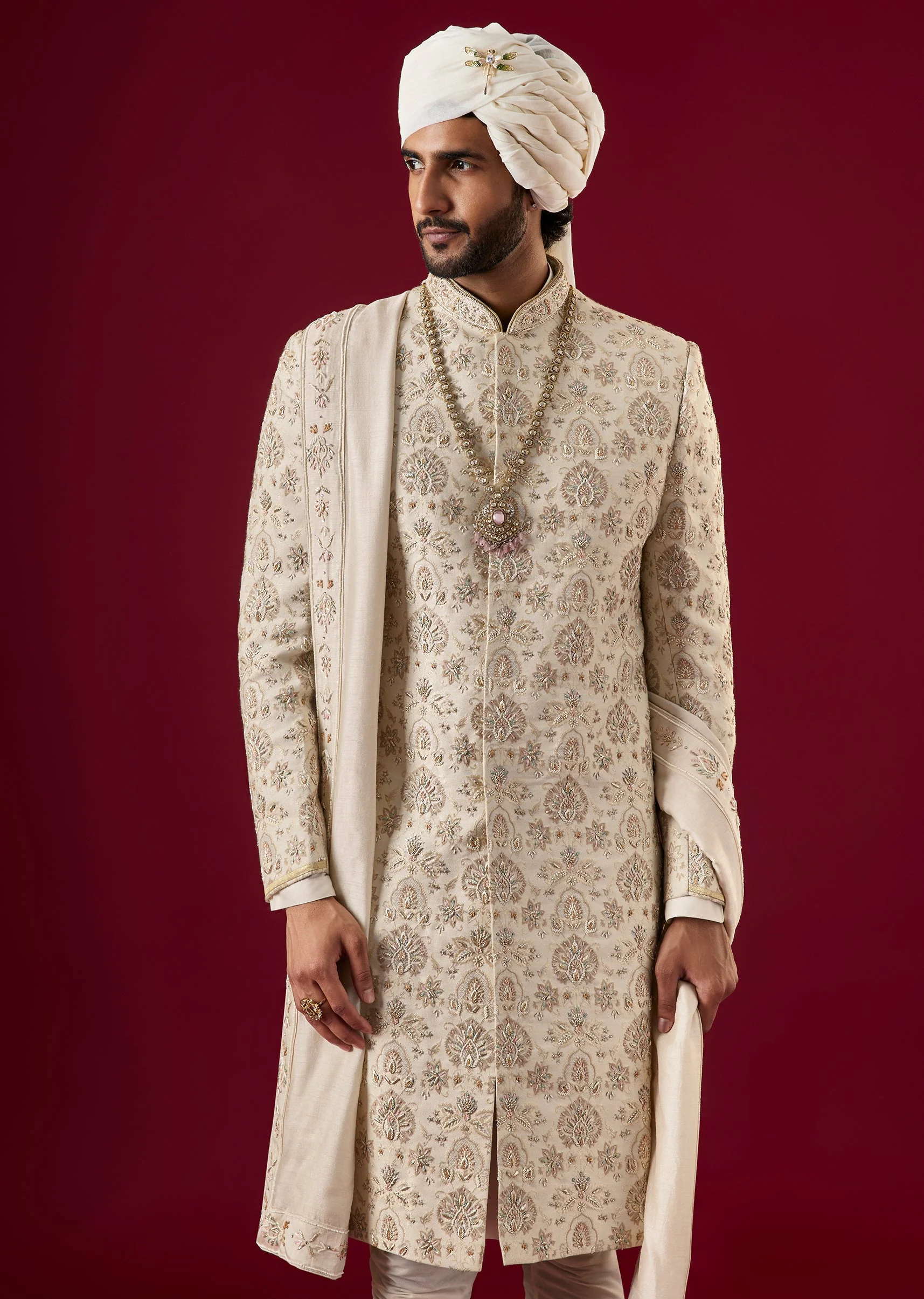 Off White Jacquard Silk Sherwani Set With Zardosi Work - Image 2