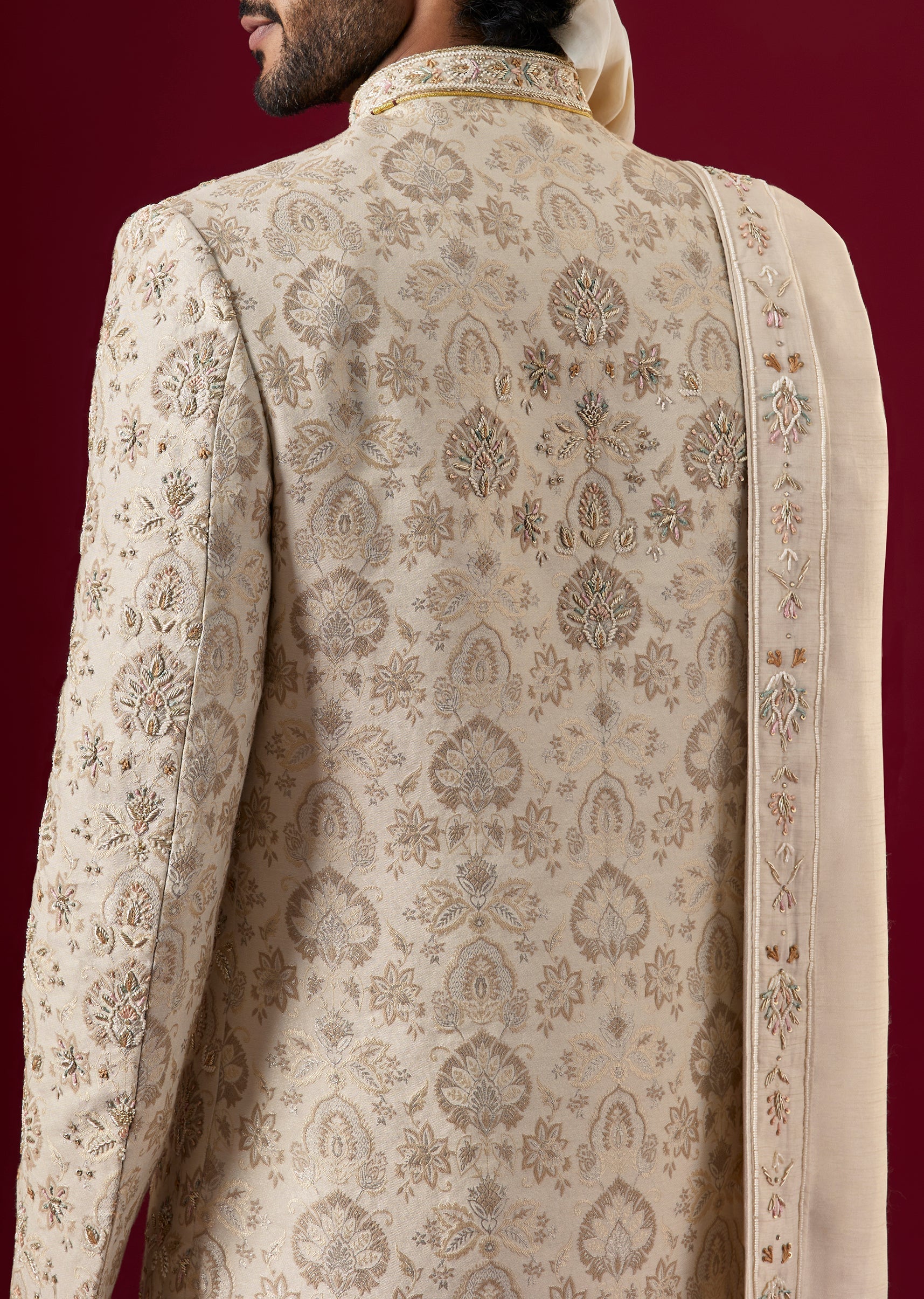 Off White Jacquard Silk Sherwani Set With Zardosi Work - Image 4