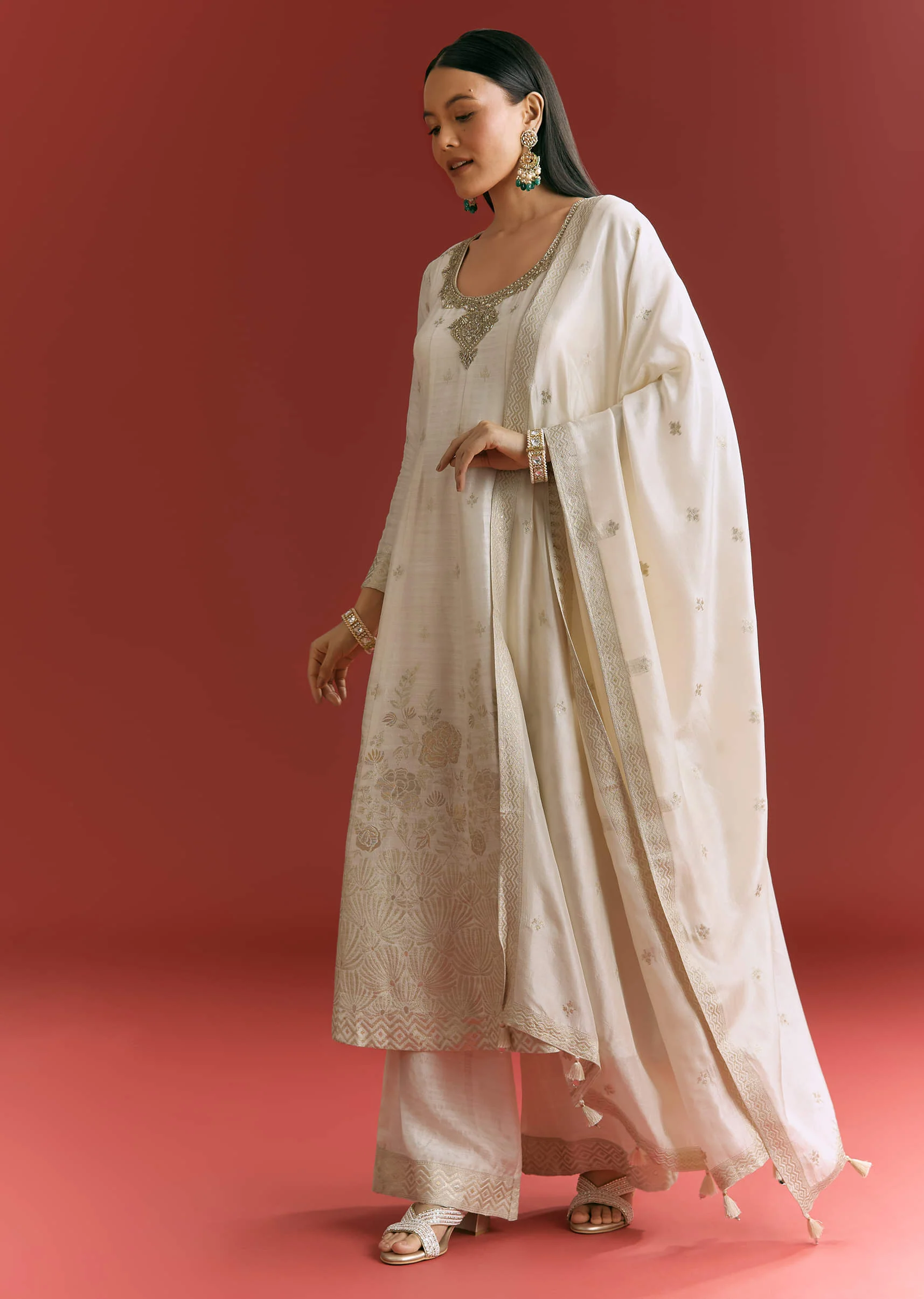 Off White Jaquard Silk Anarkali Suit With Dupatta - Image 3