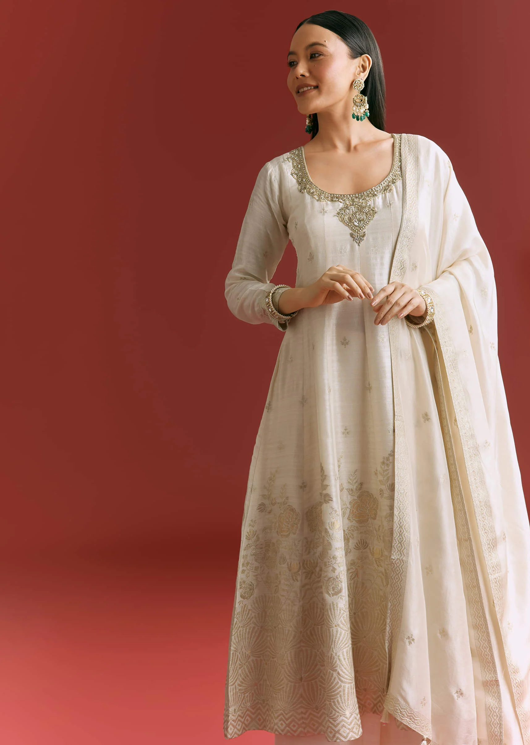 Off White Jaquard Silk Anarkali Suit With Dupatta - Image 4