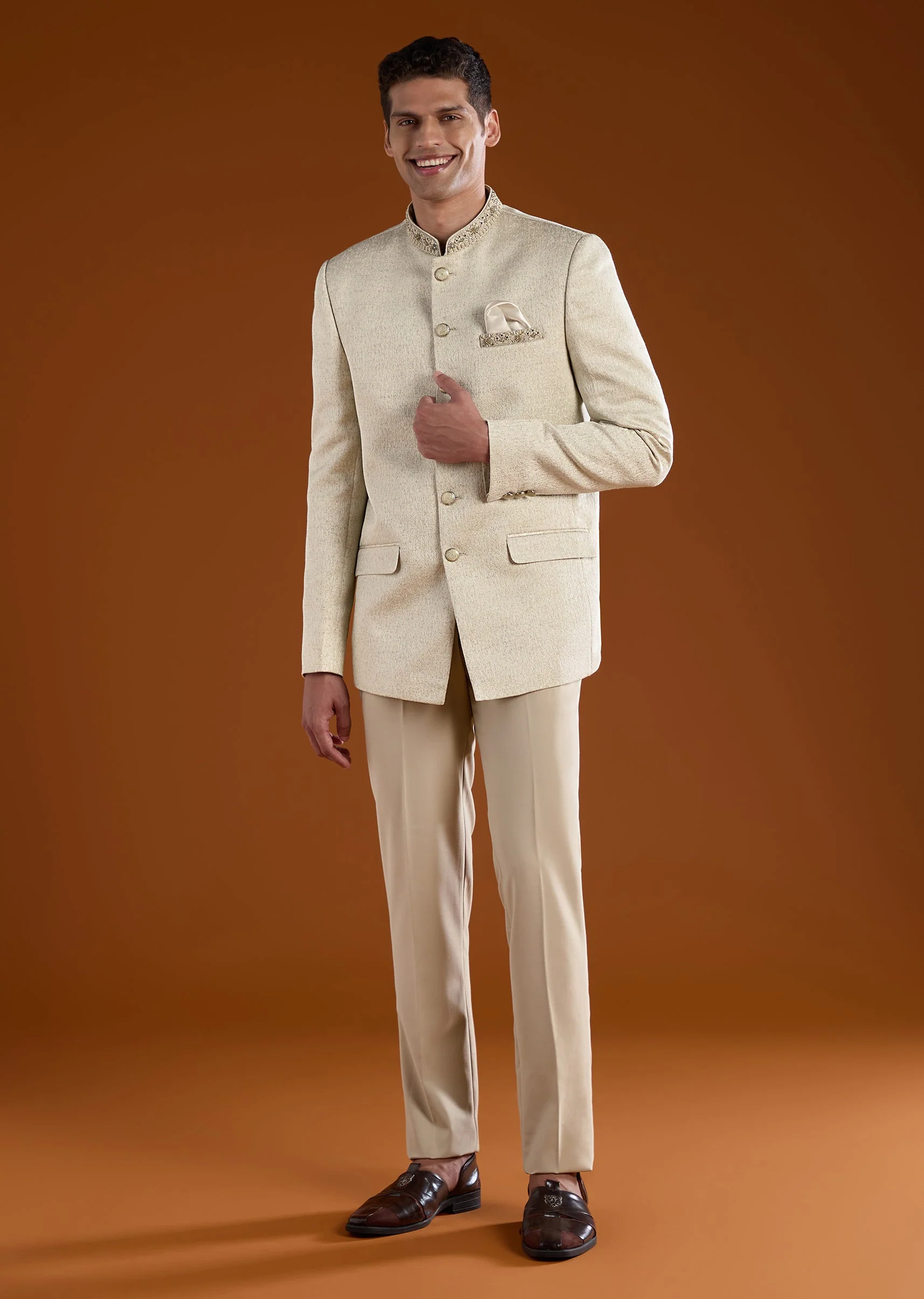 Off White Jodhpuri and Pant Set in Viscose