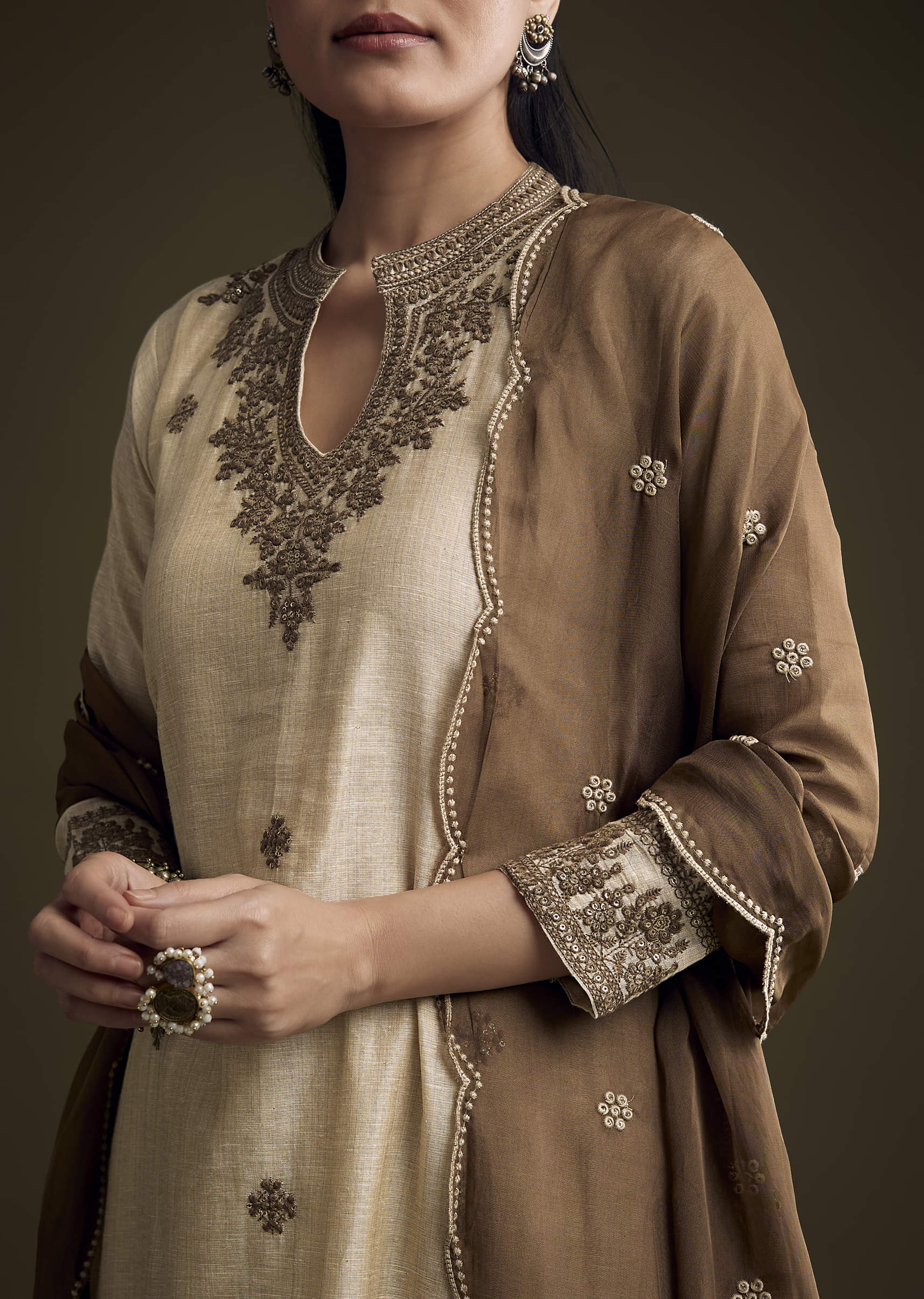 Off White Khadi Kurta Set With Resham Embroidery - Image 2