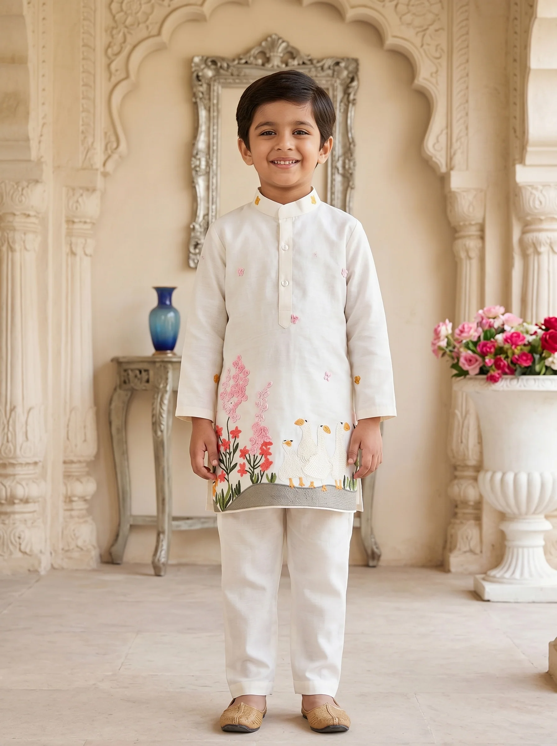 Off White Kurta Set With Embroidery And Multicolour Accents