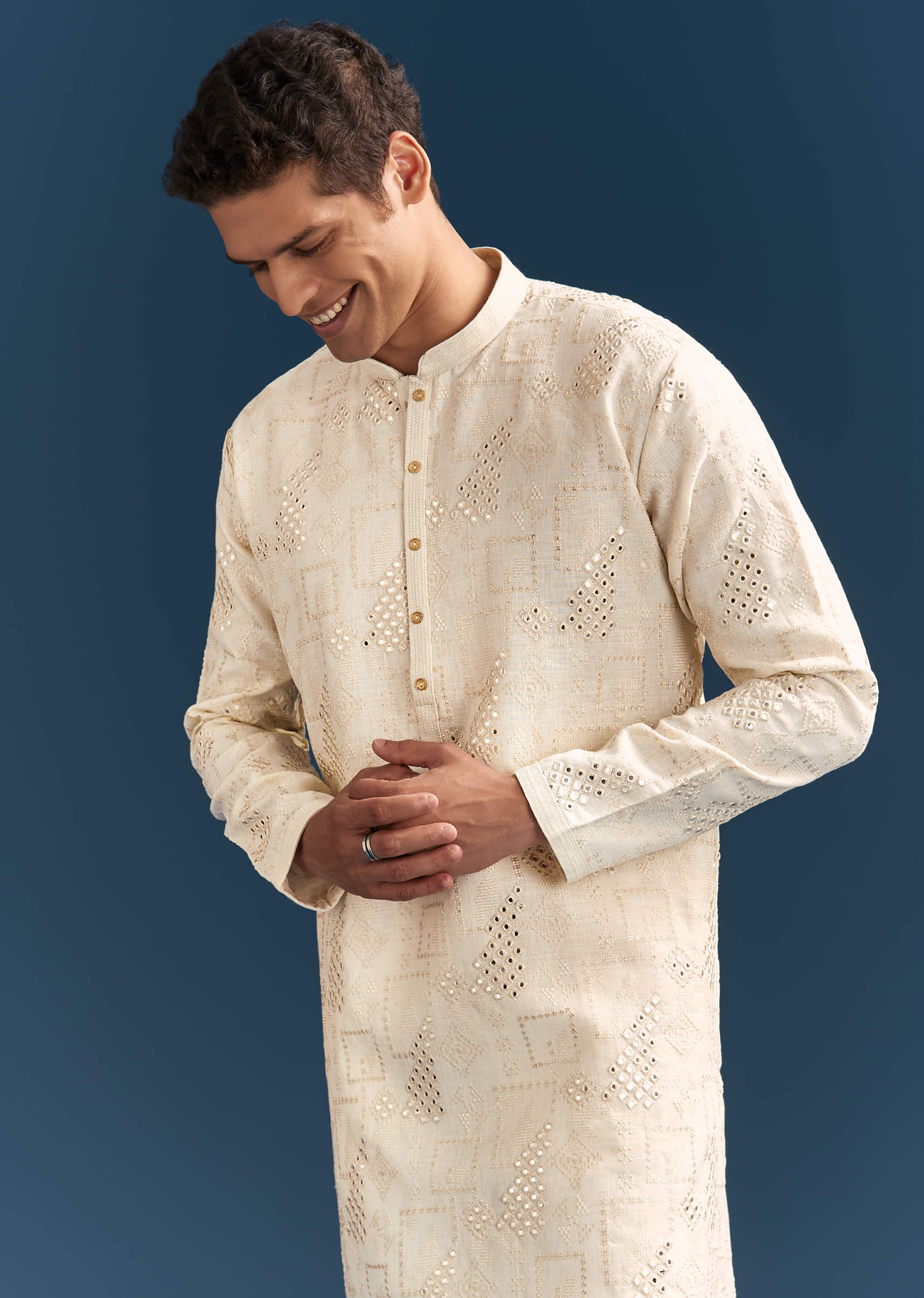 Off-White Linen Kurta Set For Men With Mirror Embroidery - Image 3