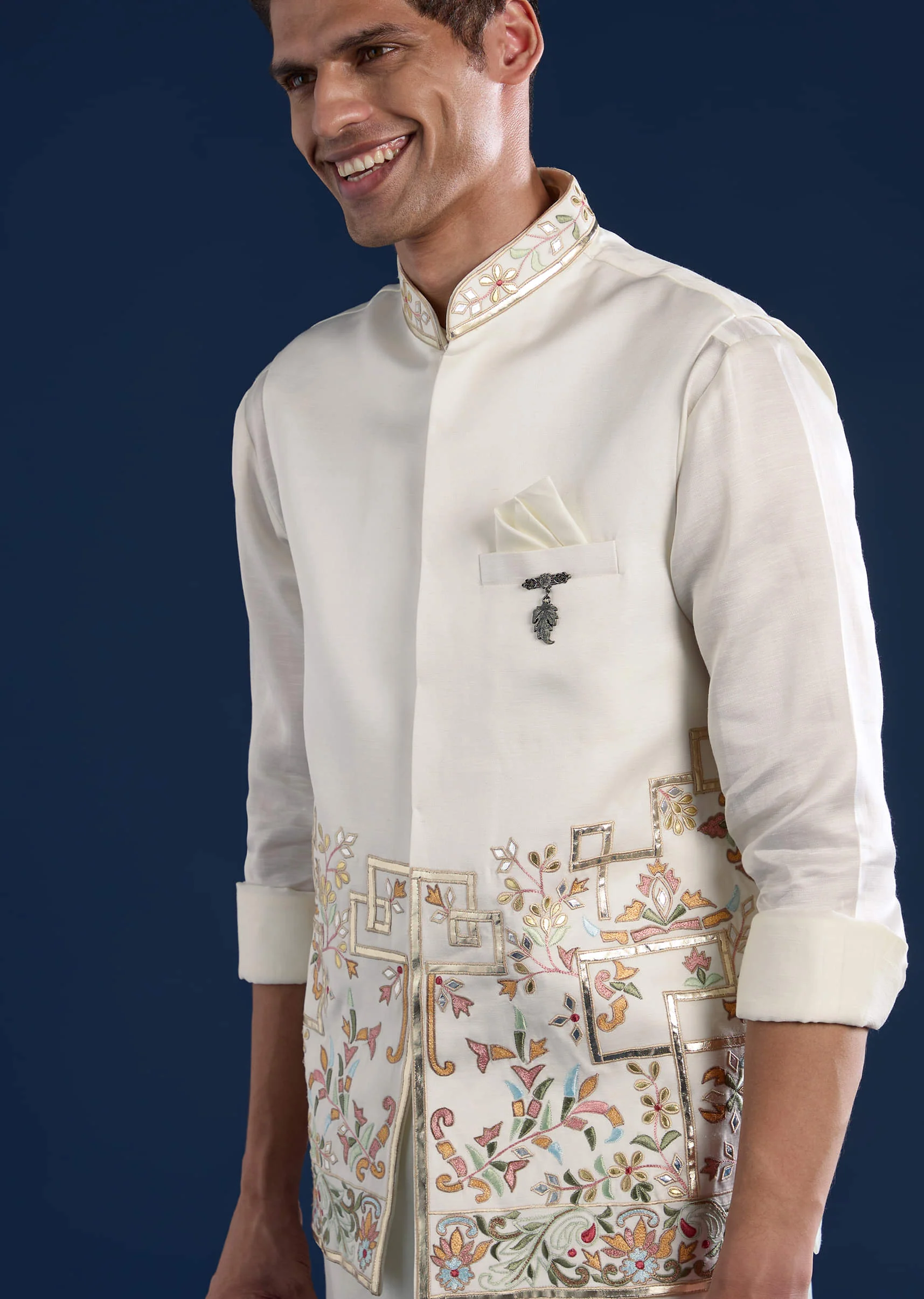 Off White Linen Satin Silk Jacket Kurta Set with Gotta Work - Image 2