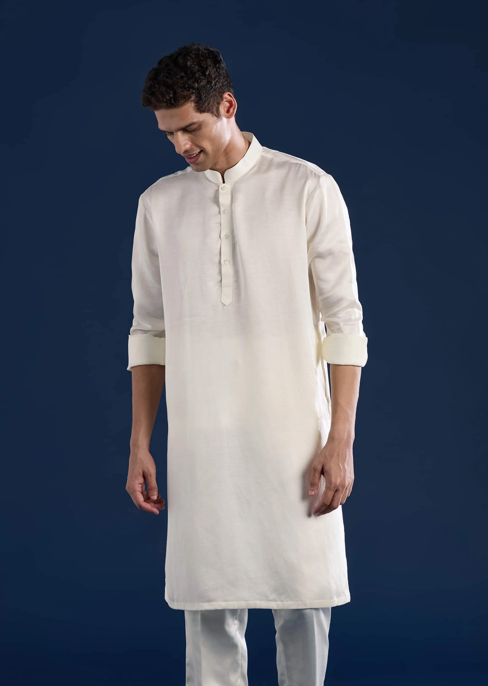 Off White Linen Satin Silk Jacket Kurta Set with Gotta Work - Image 6
