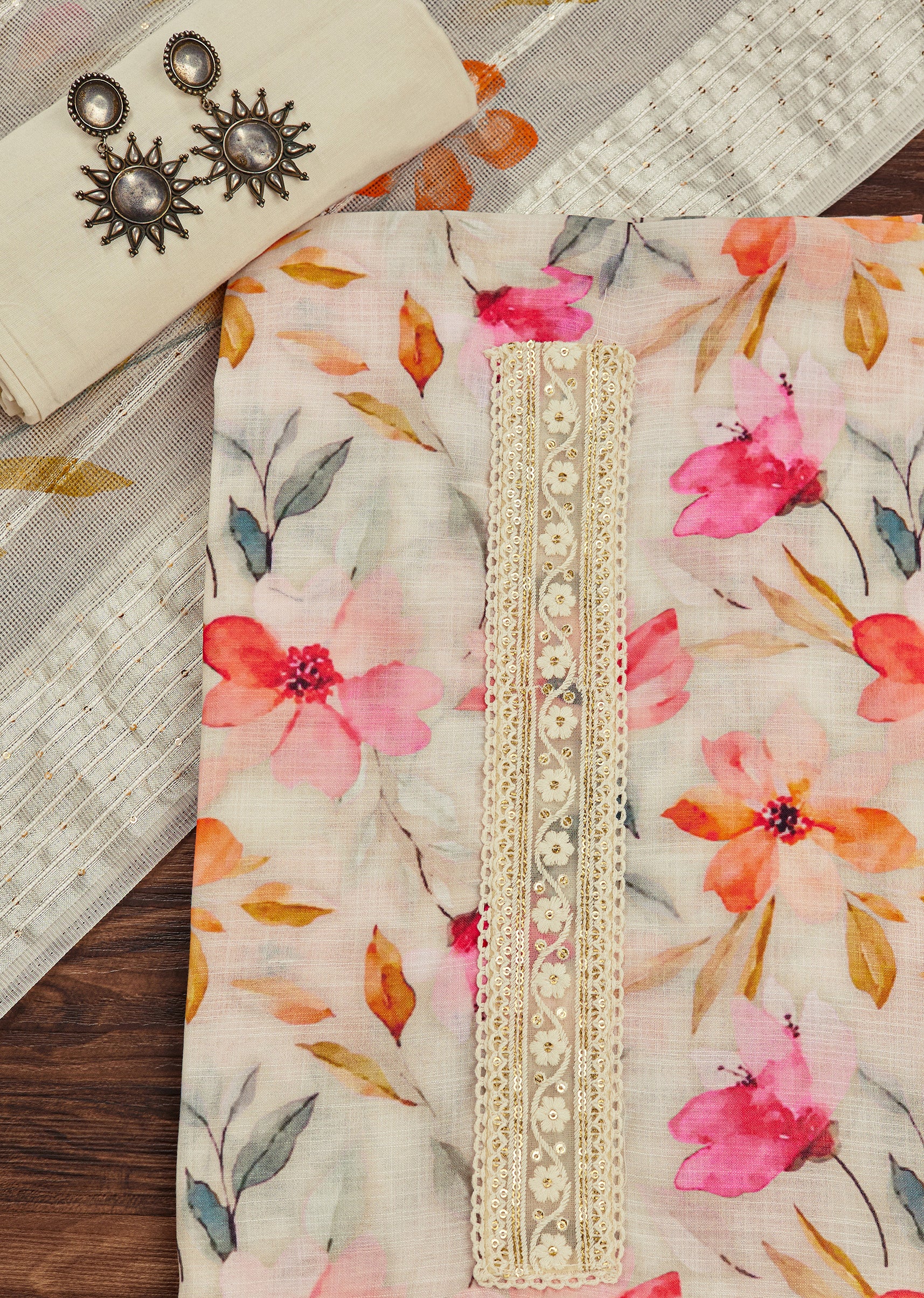 Off White Linen Unstitched Suit Set With Floral Print And Lace Detailing - Image 2
