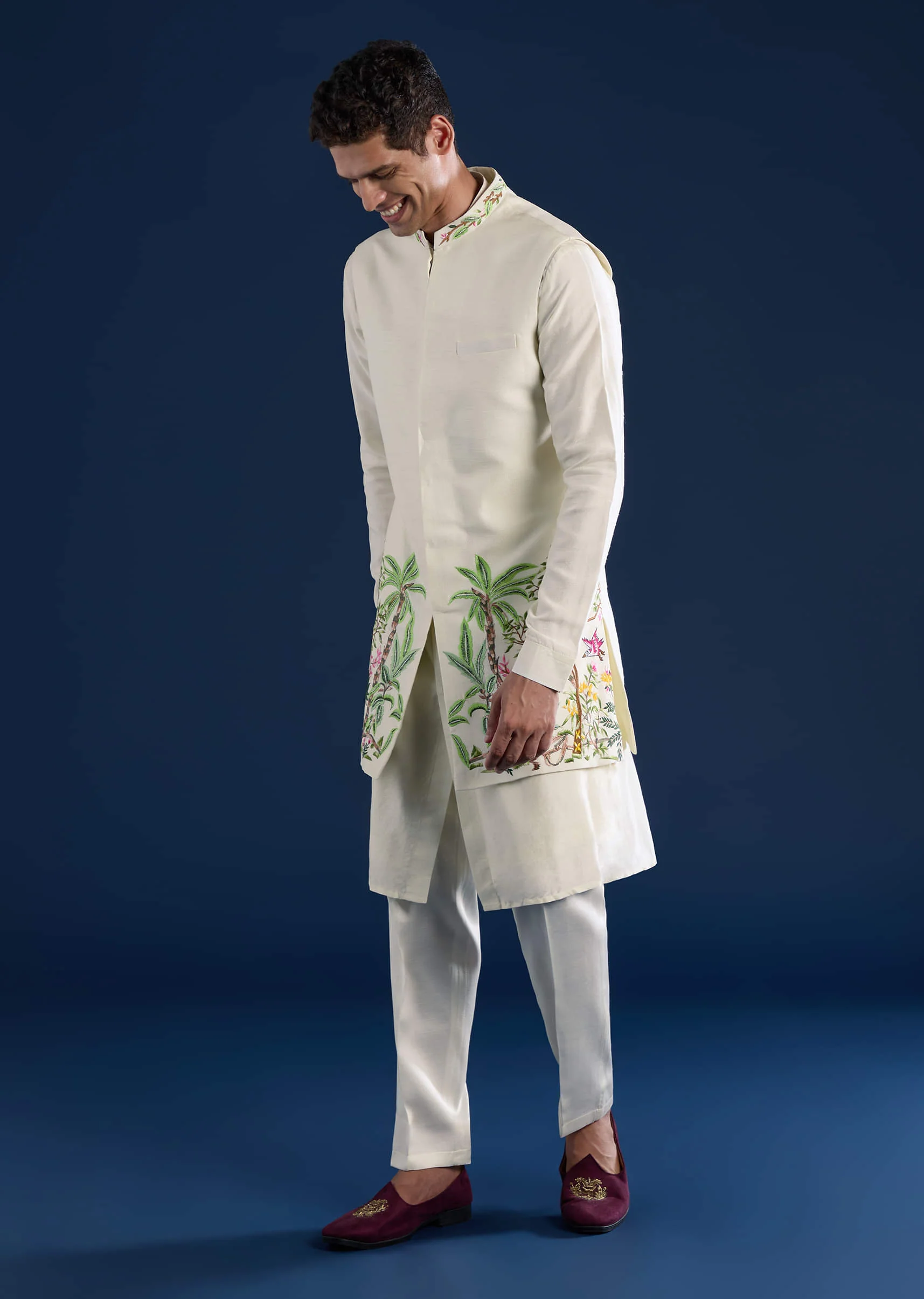 Off White Mens Silk Jacket Kurta Set with Resham Embroidery
