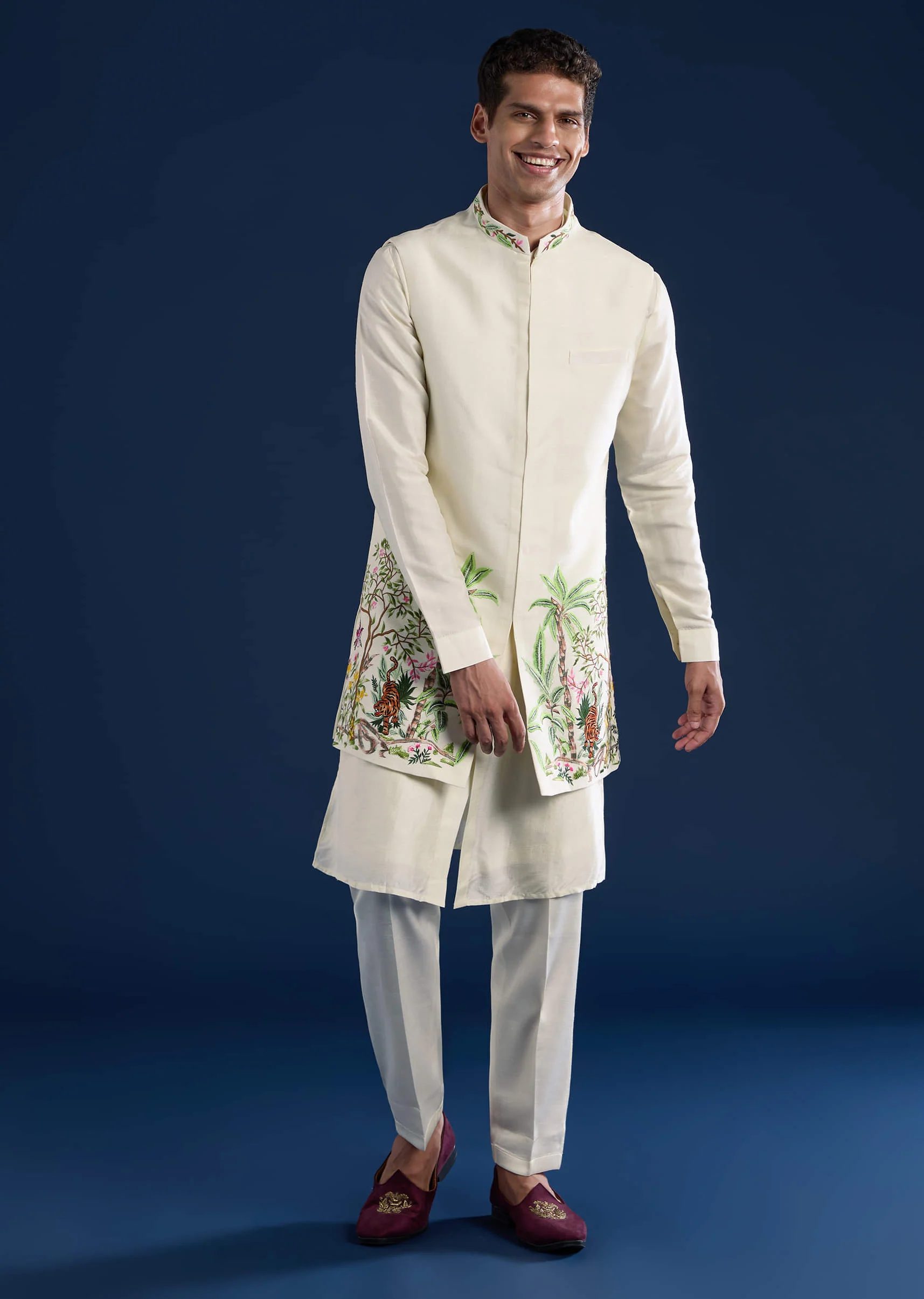 Off White Mens Silk Jacket Kurta Set with Resham Embroidery - Image 3