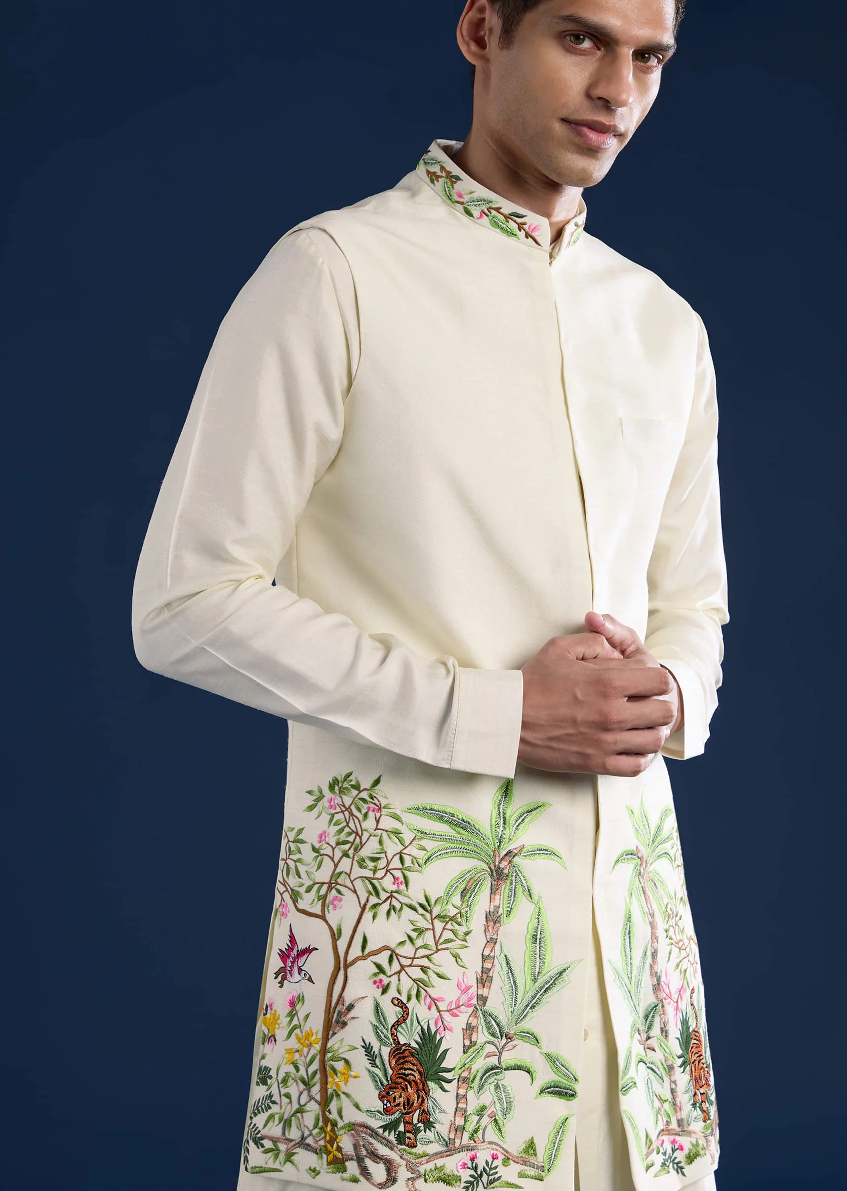 Off White Mens Silk Jacket Kurta Set with Resham Embroidery - Image 5
