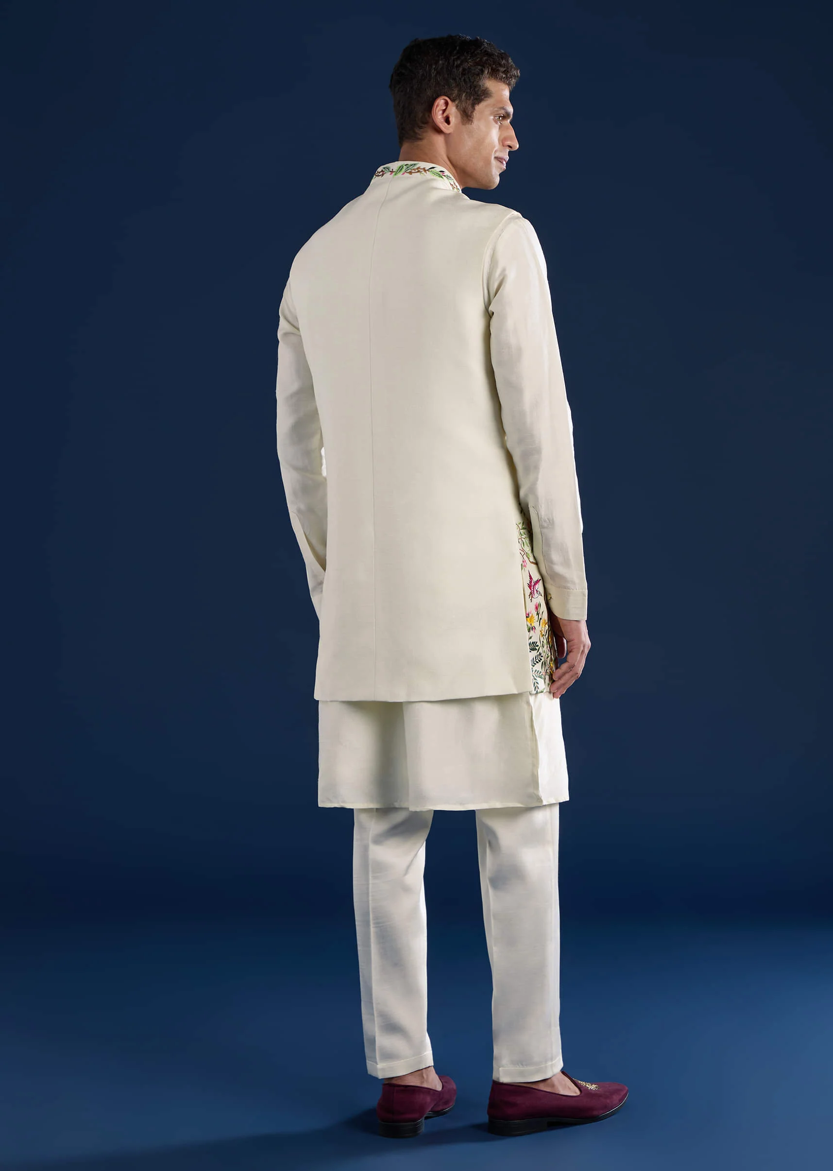 Off White Mens Silk Jacket Kurta Set with Resham Embroidery - Image 6