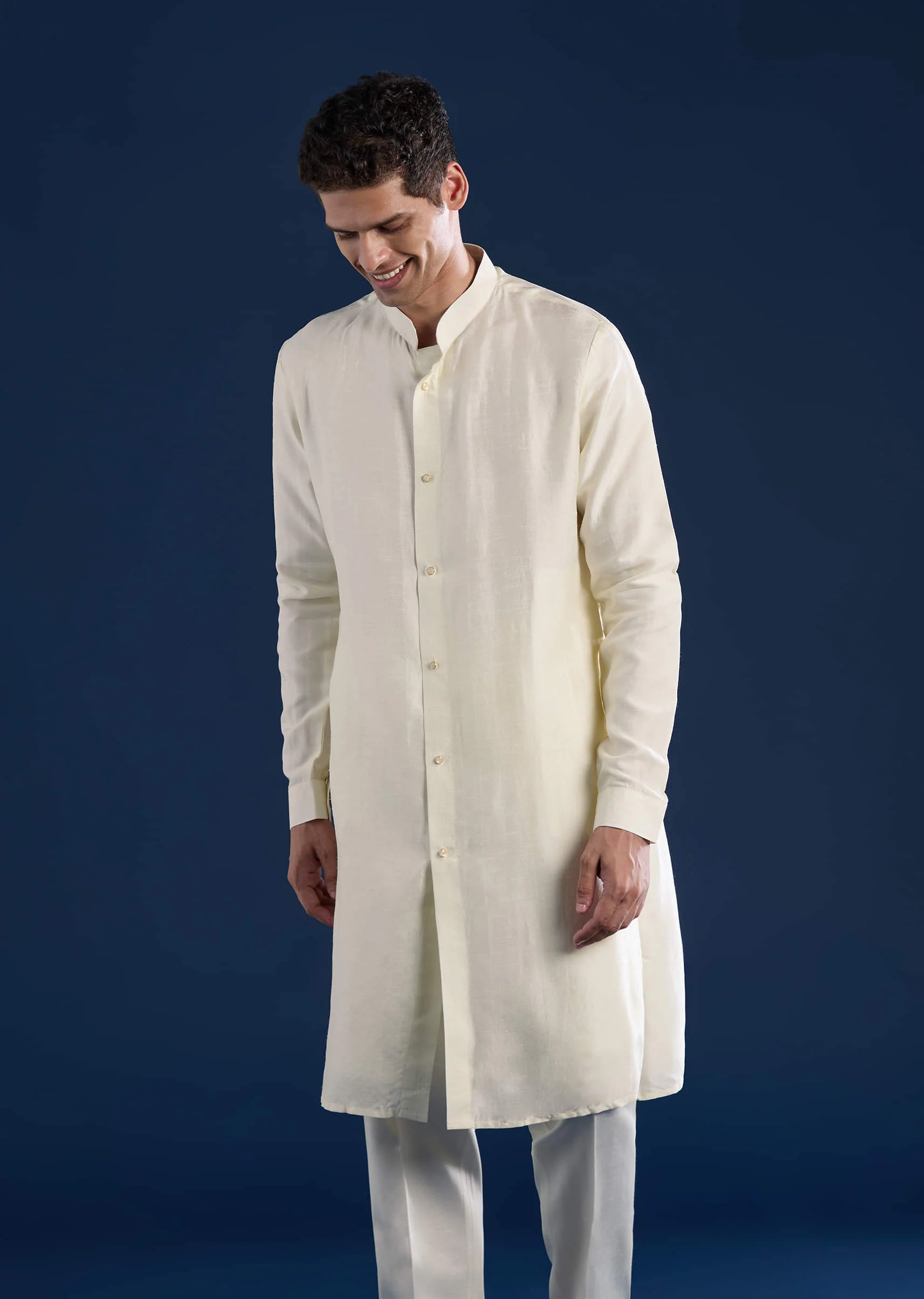 Off White Mens Silk Jacket Kurta Set with Resham Embroidery - Image 7