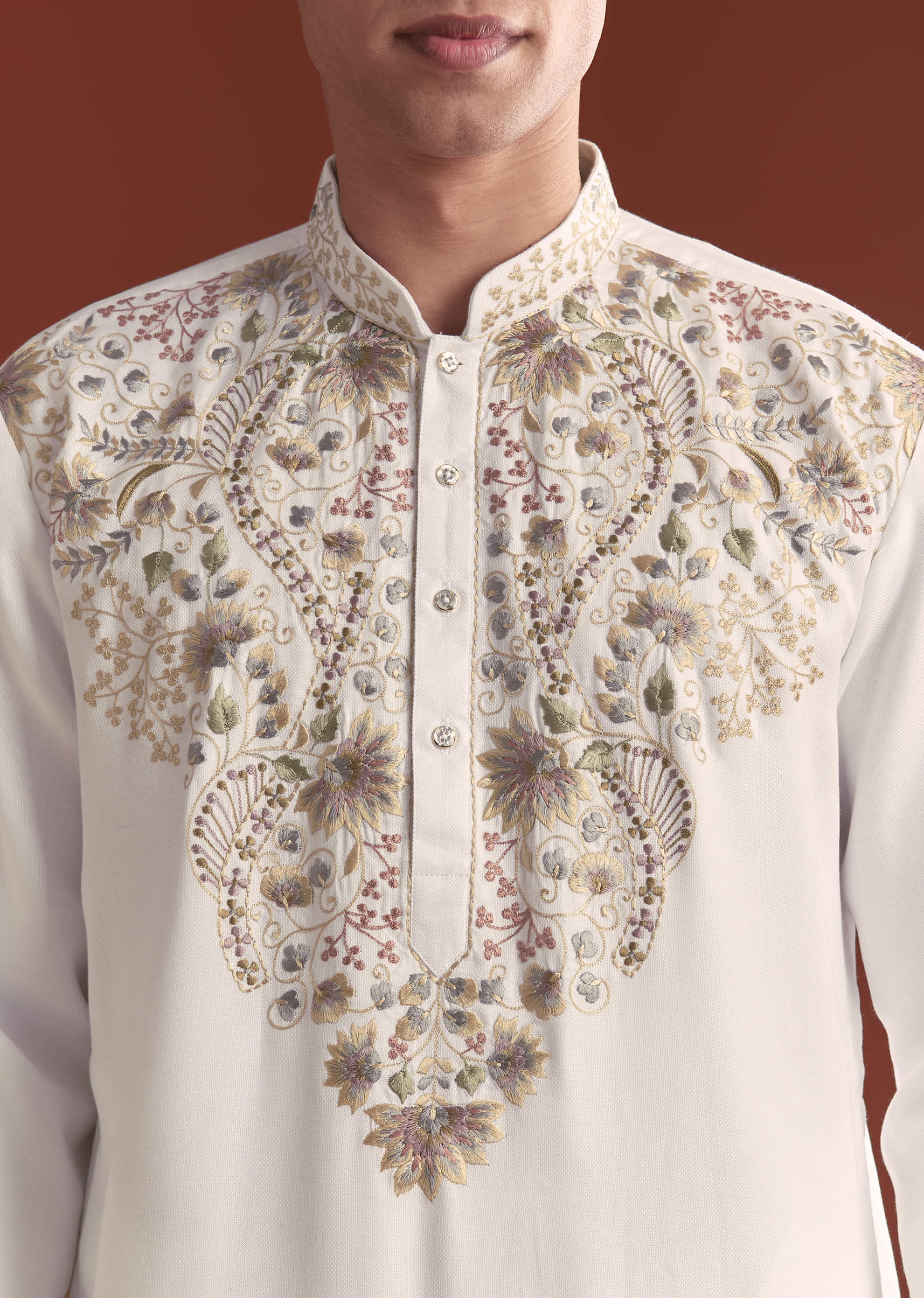 Off White Modal Kurta Set For Men With Intricate Resham Embroidery - Image 2