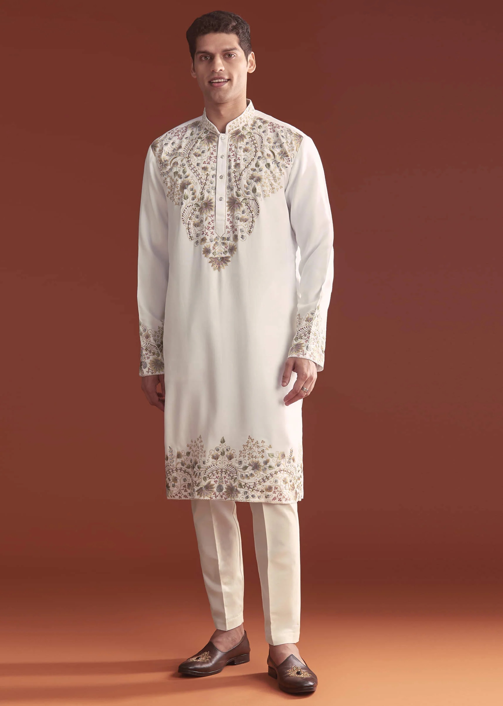 Off White Modal Kurta Set For Men With Intricate Resham Embroidery - Image 3