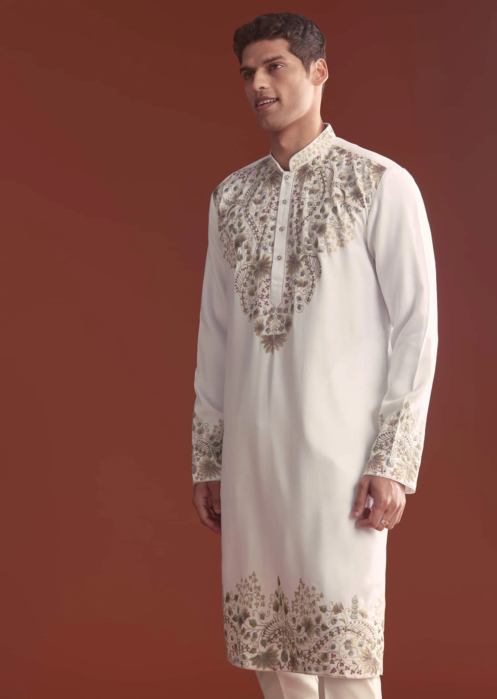 Off White Modal Kurta Set For Men With Intricate Resham Embroidery - Image 4