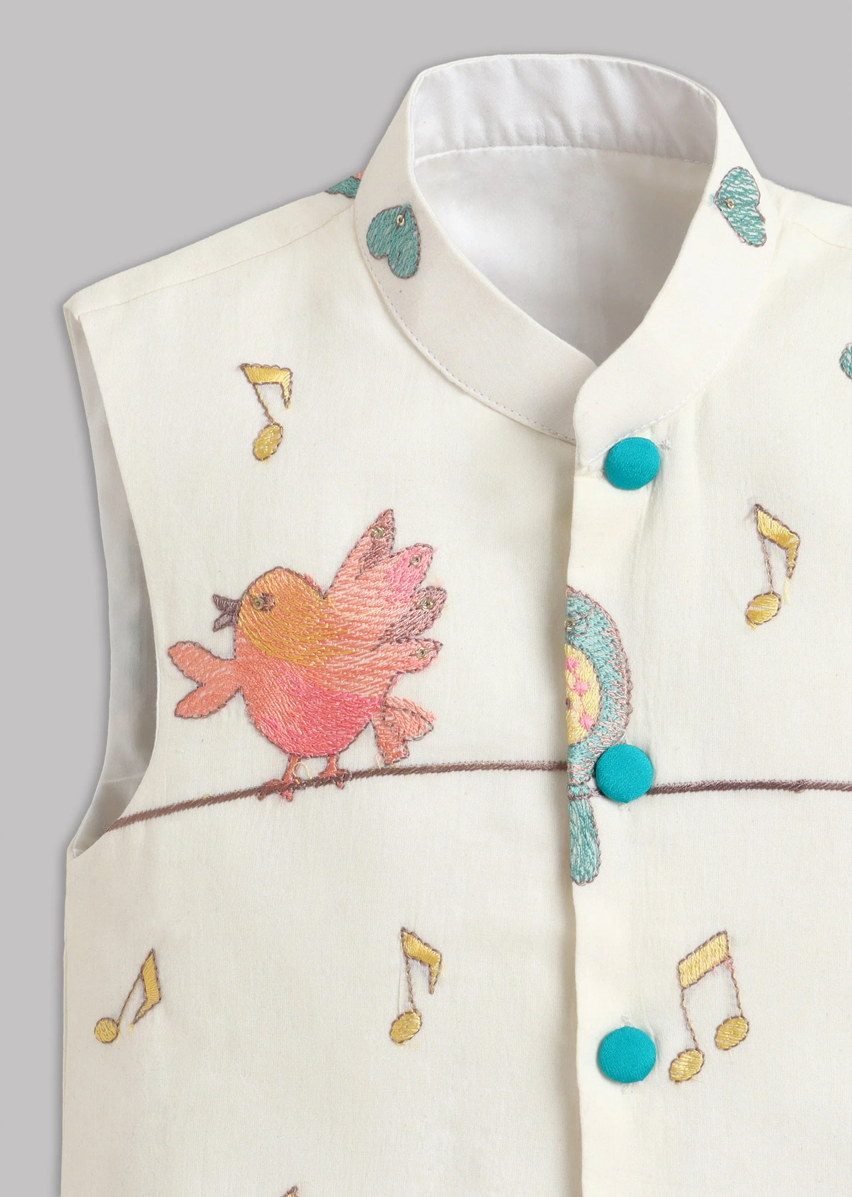 Off White Nehru Jacket Set With Bird Embroidery - Image 7