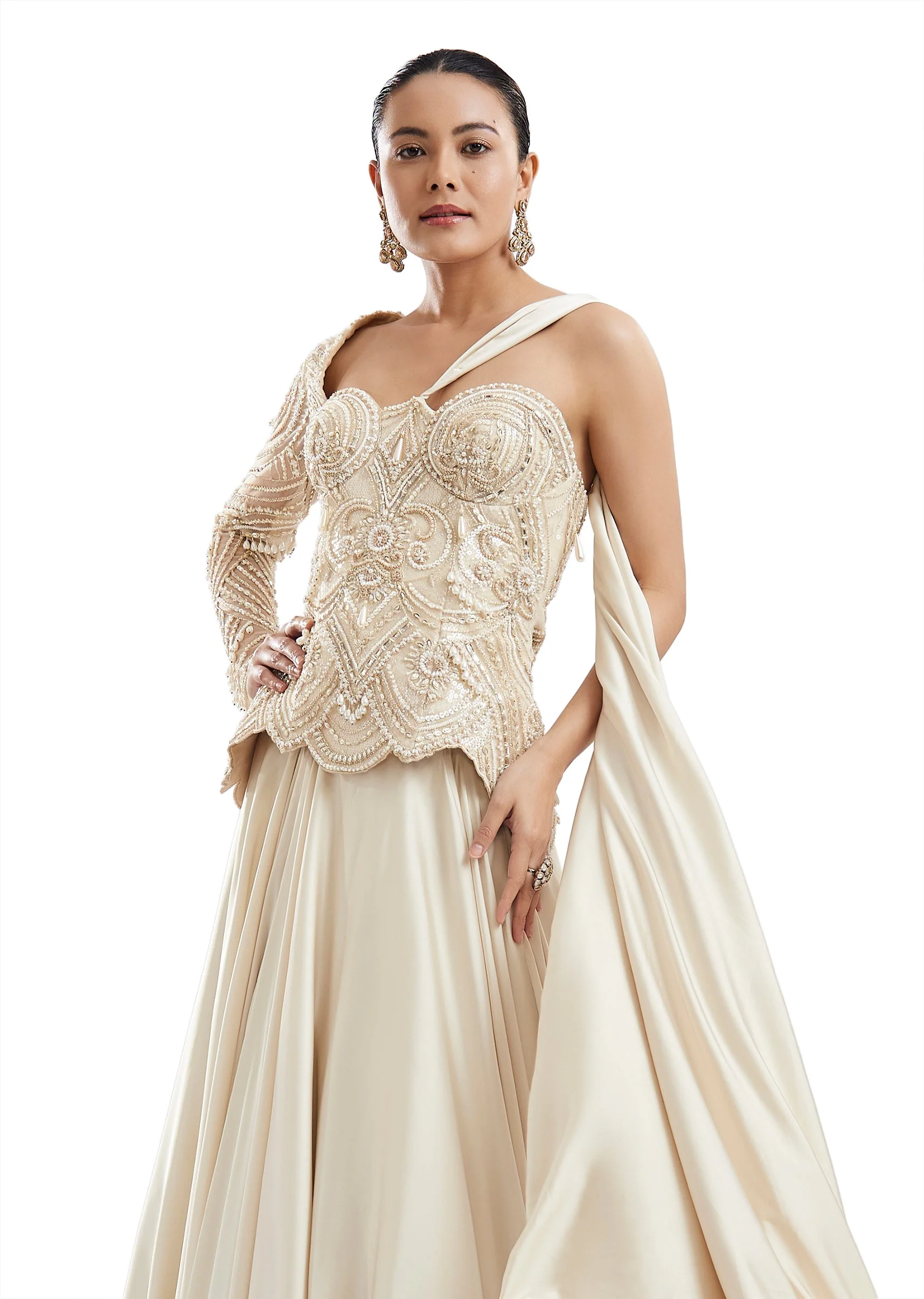 Off-White One-Shoulder Lehenga With Attached Pallu - Image 5