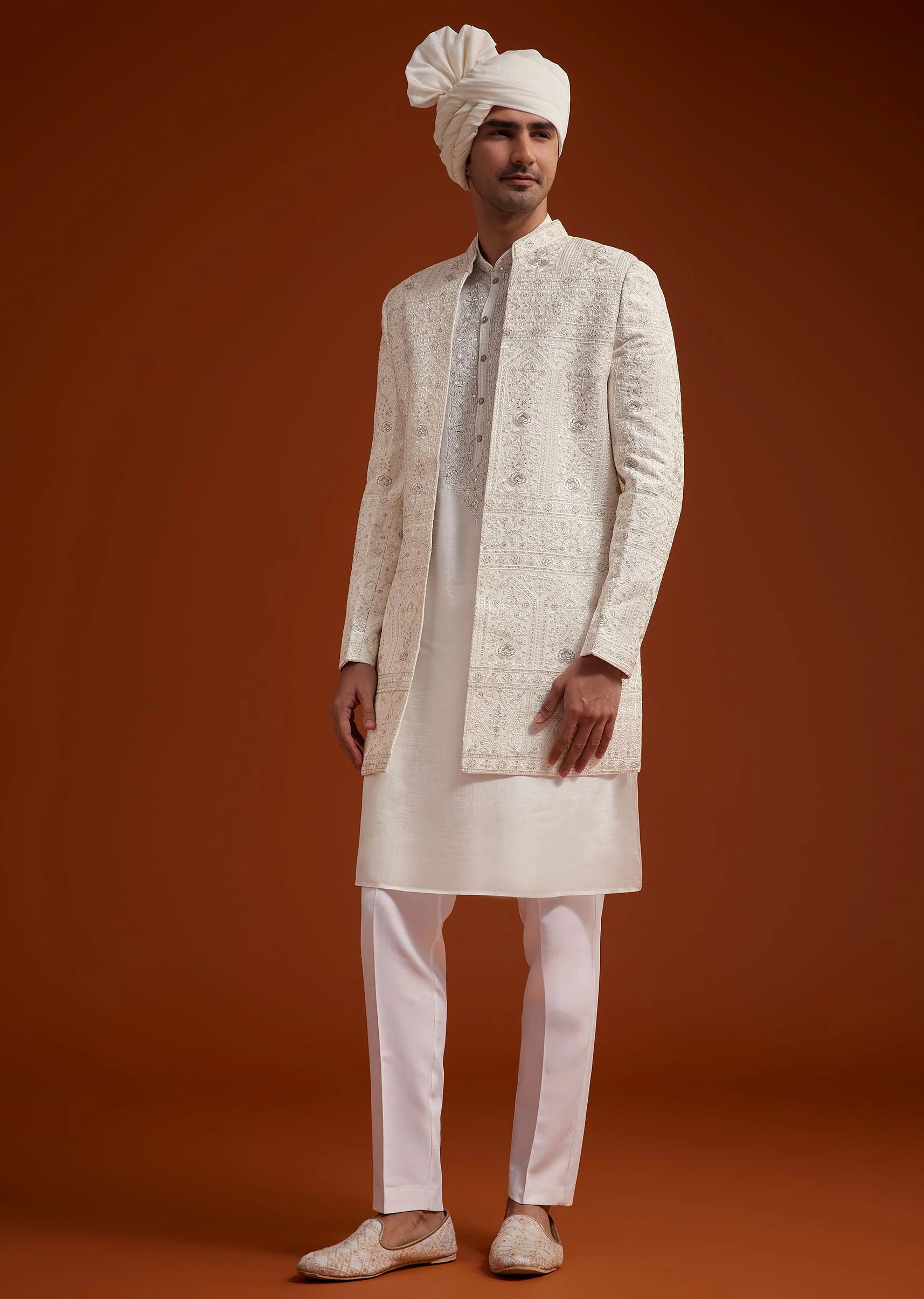 Off White Open Jacket Sherwani Set With Resham Work - Image 2
