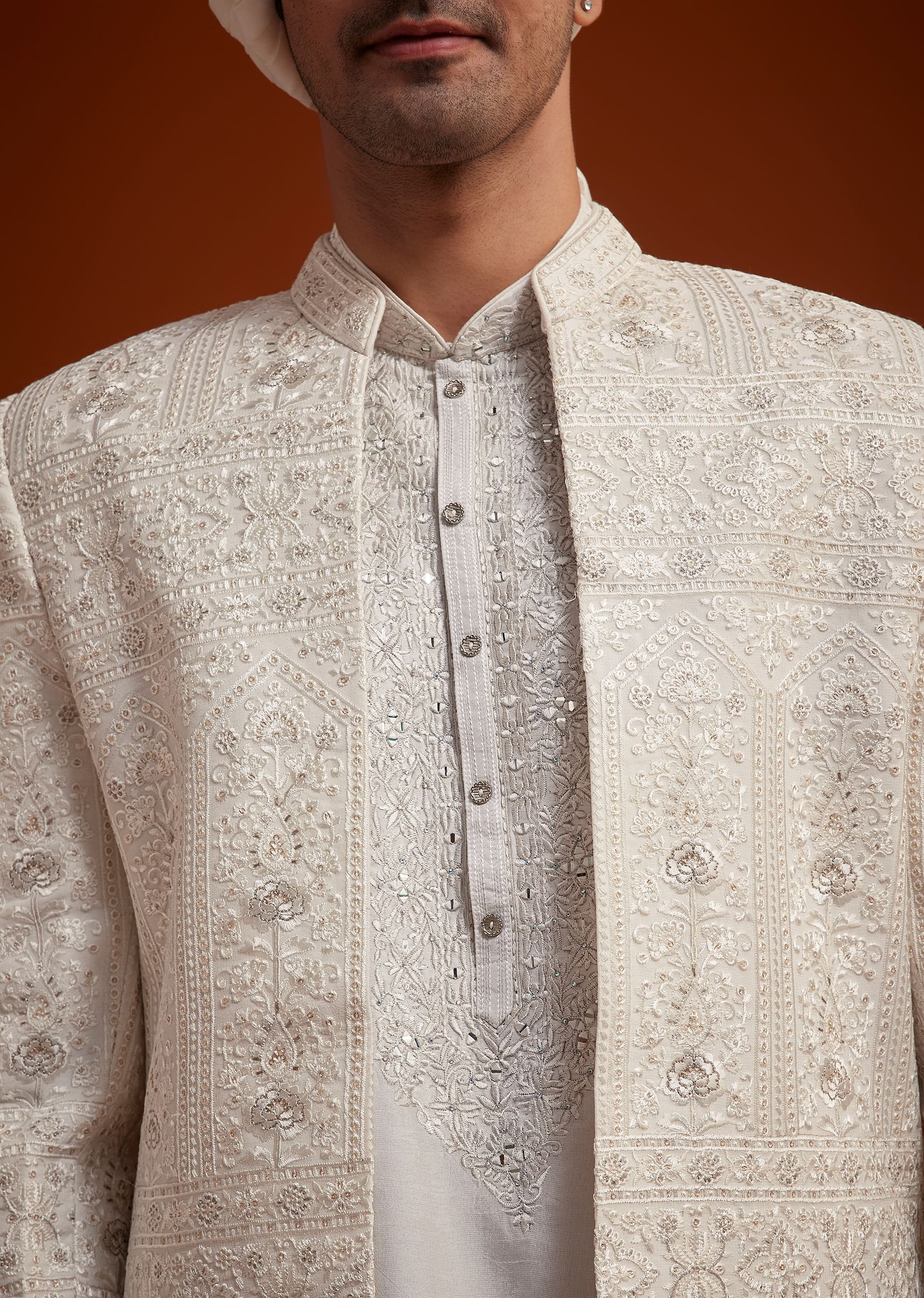 Off White Open Jacket Sherwani Set With Resham Work - Image 3