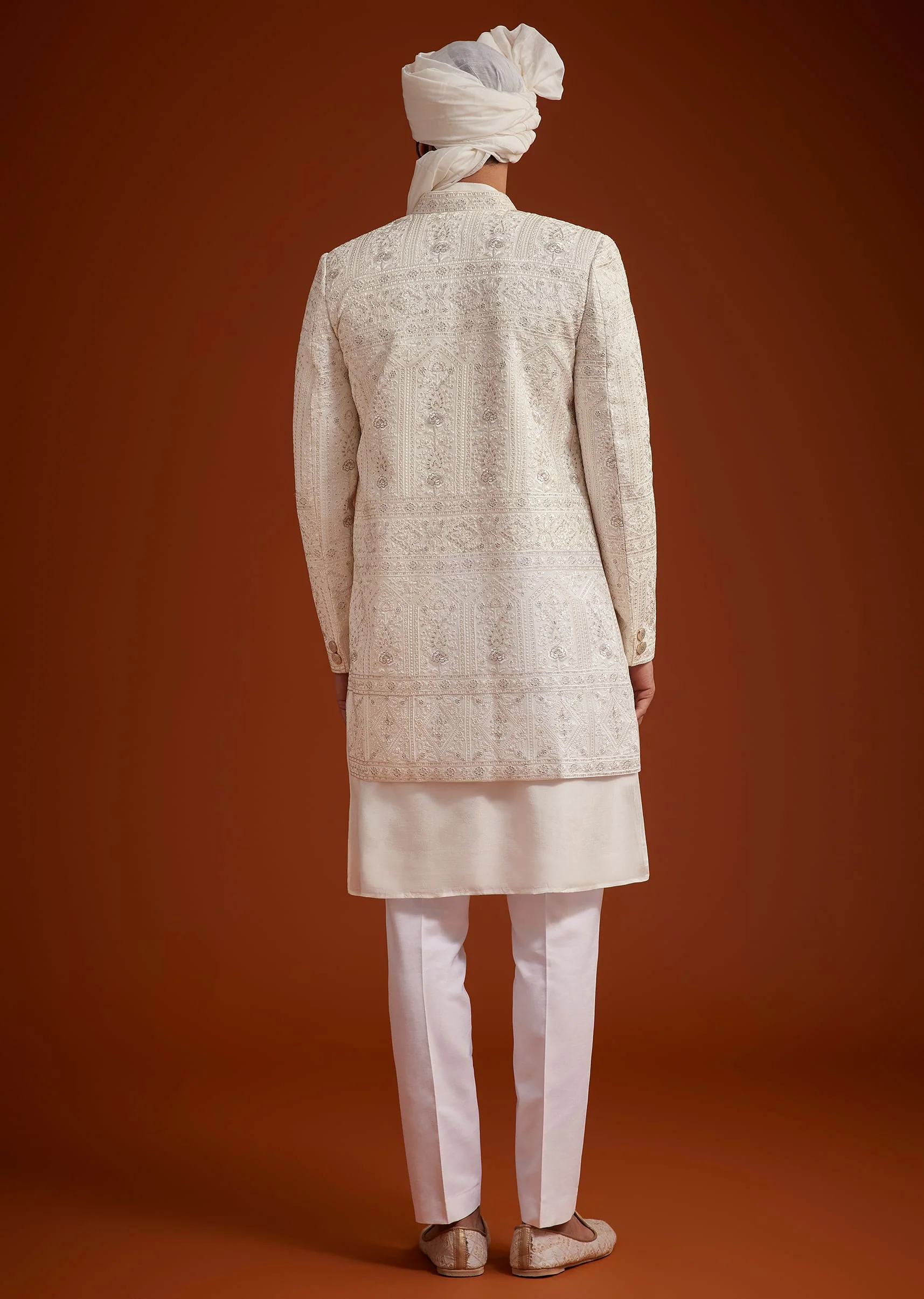 Off White Open Jacket Sherwani Set With Resham Work - Image 4