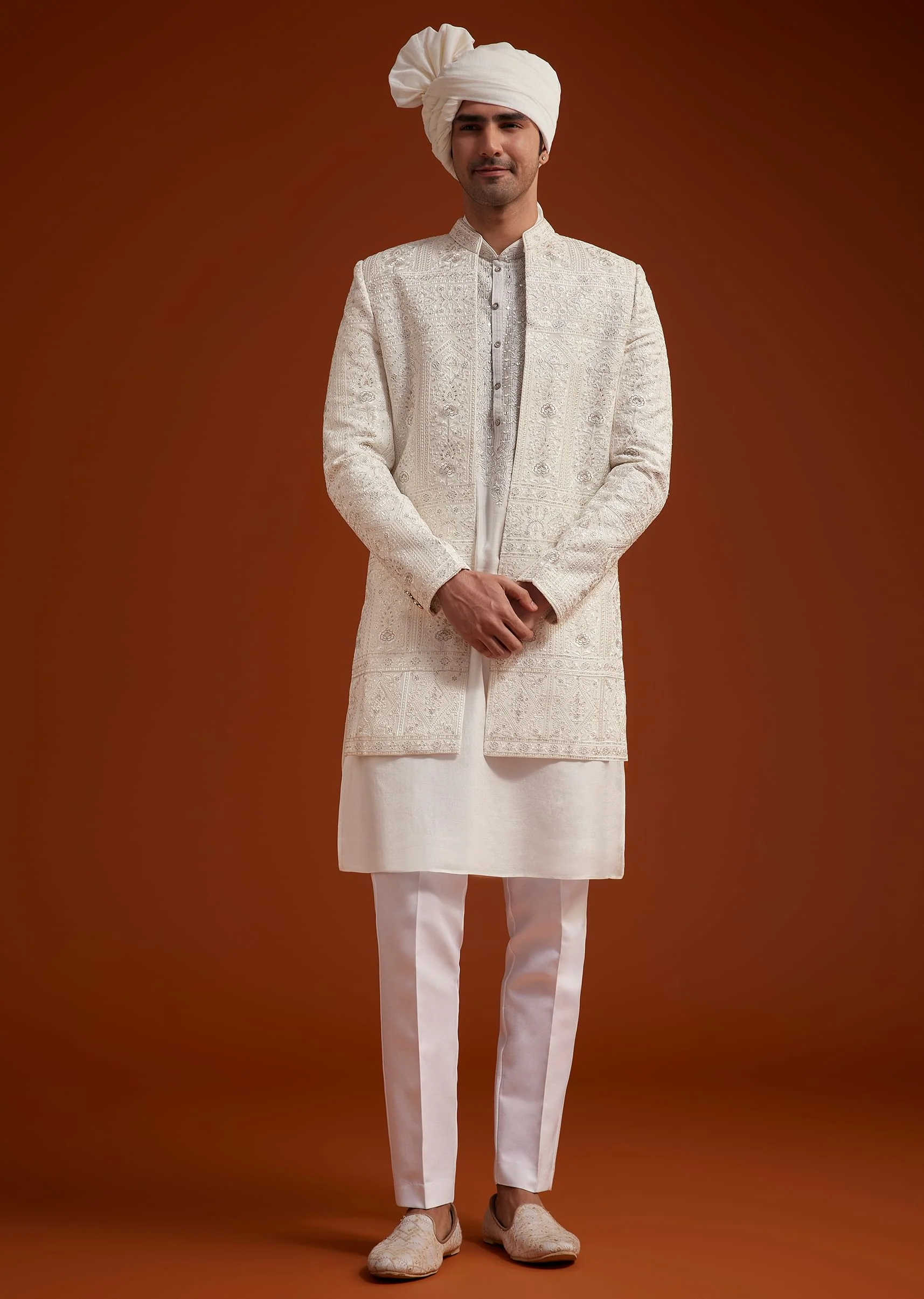 Off White Open Jacket Sherwani Set With Resham Work - Image 5
