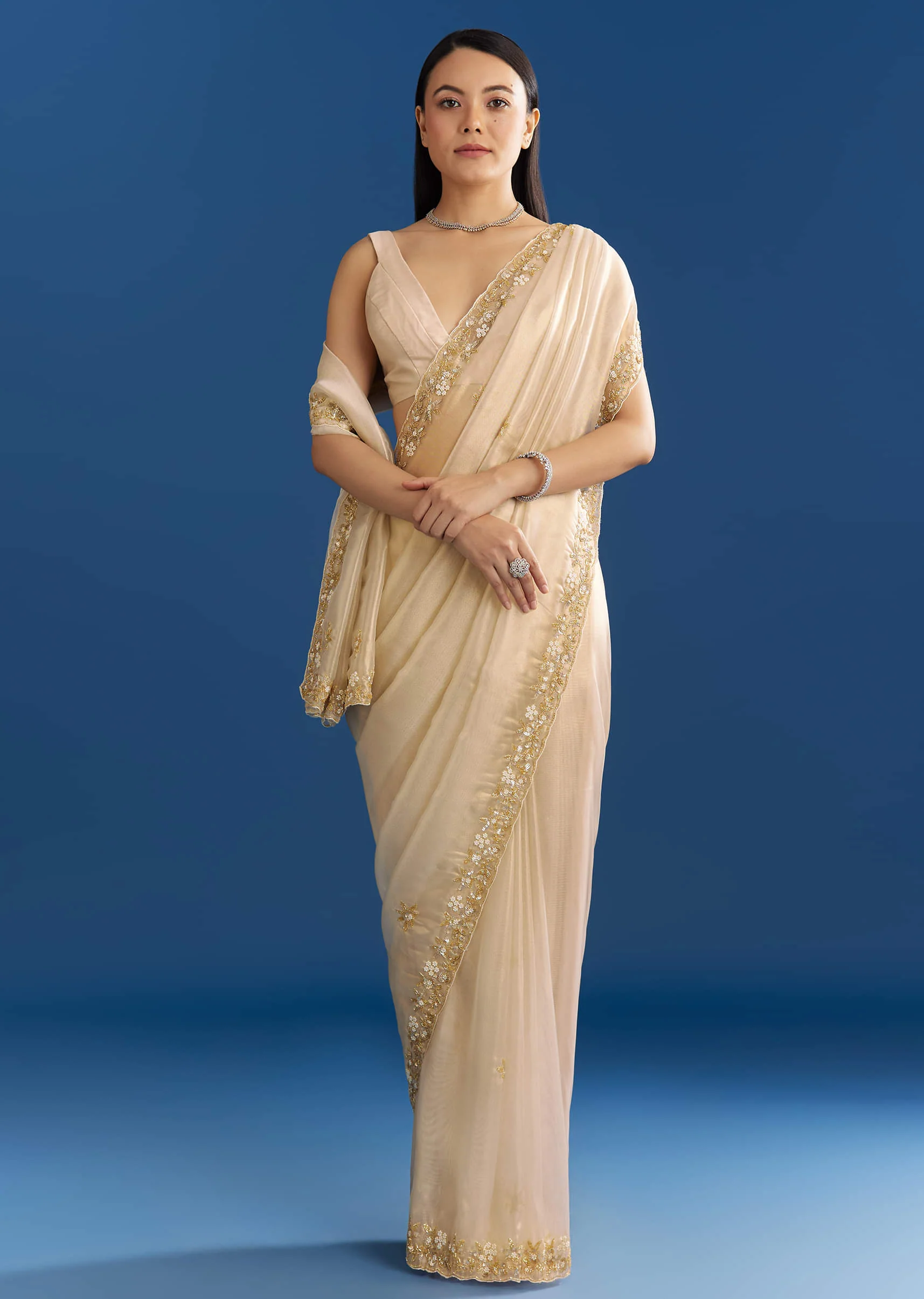 Off White Organza Tissue Saree With Beaded Scallop Border - Image 3
