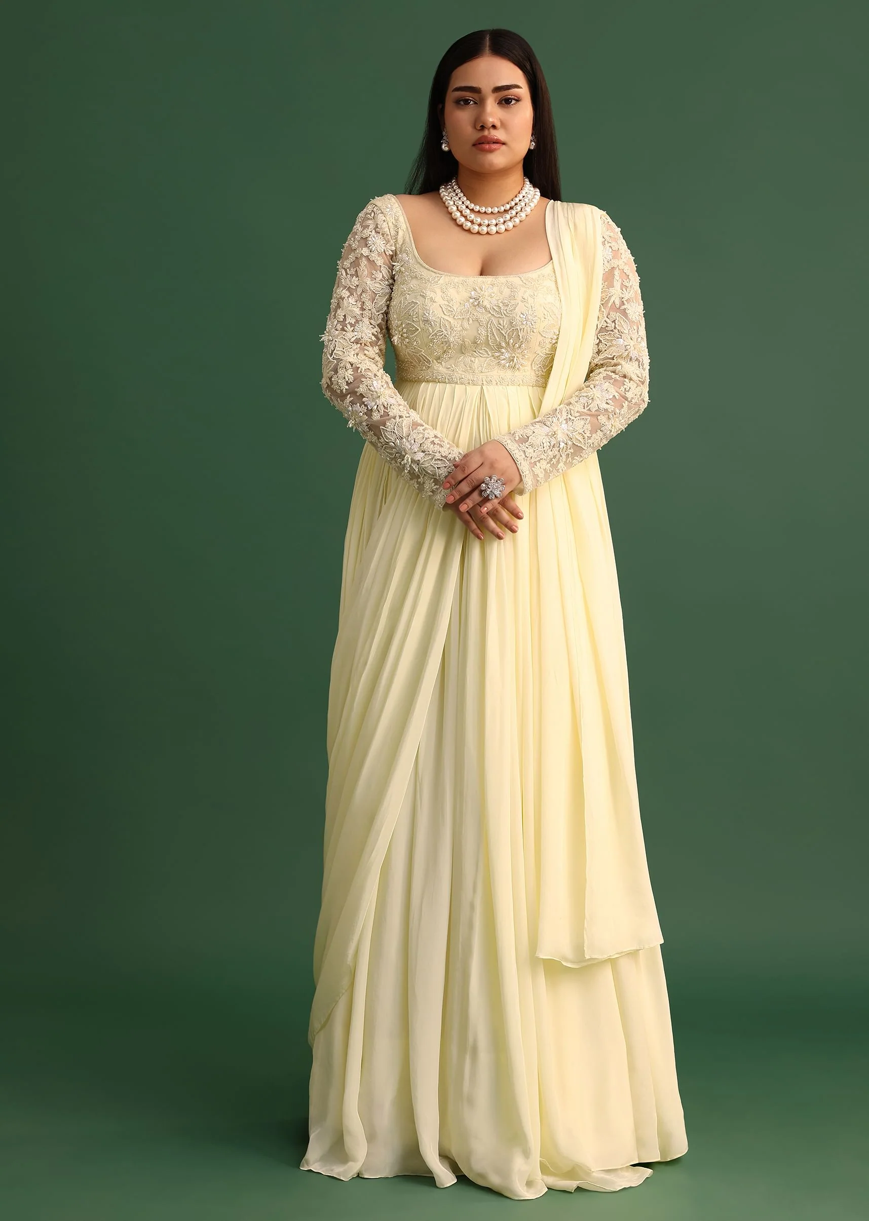 Off White Pallu Style Draped Anarkali Suit - Image 3