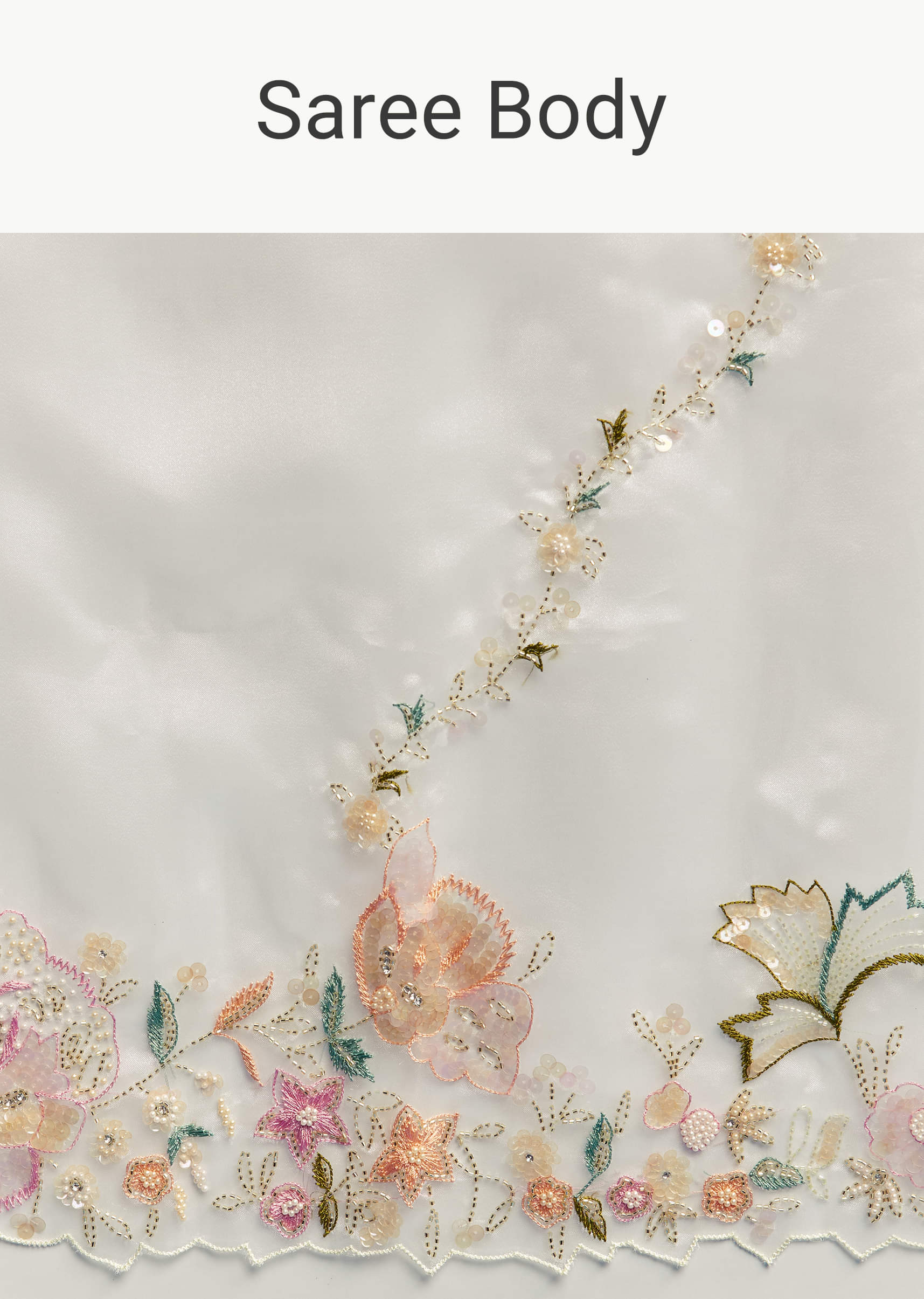 Off White Paper Tissue Saree With Floral Embroidery - Image 8