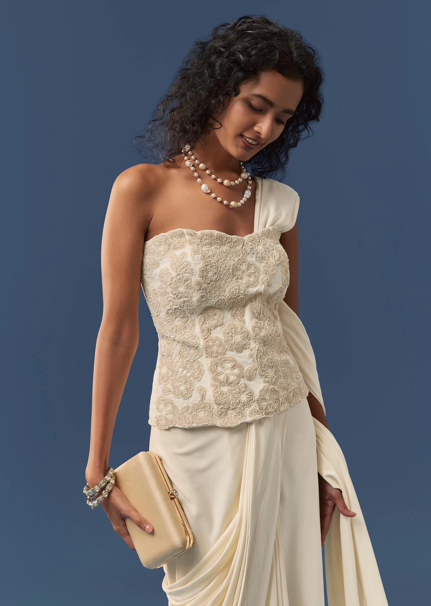 Off White Pre-Draped Saree with Corset Blouse - Image 4