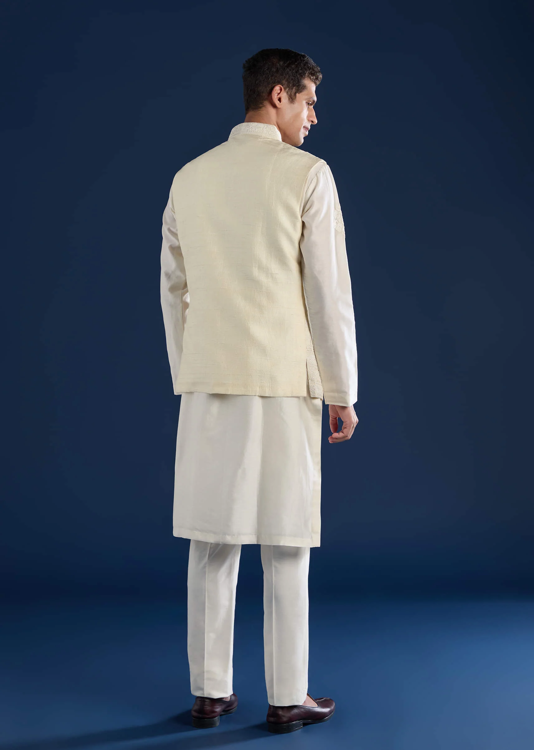 Off White Raw Silk Jacket and Kurta Set with Dori Work - Image 5
