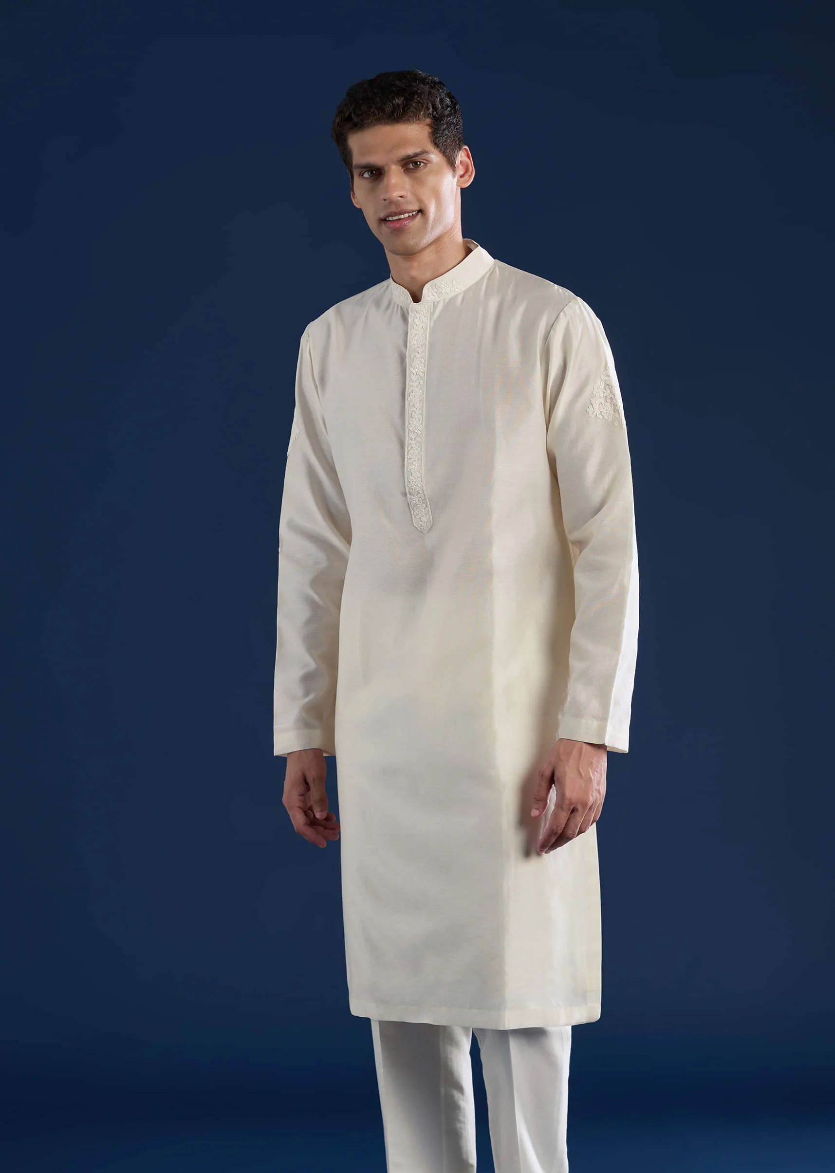 Off White Raw Silk Jacket and Kurta Set with Dori Work - Image 6
