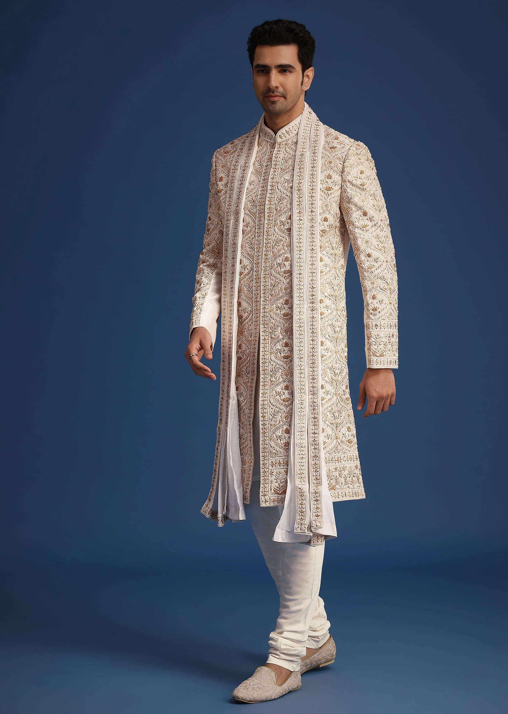 Off White Raw Silk Sherwani Set With Hand Work - Image 3