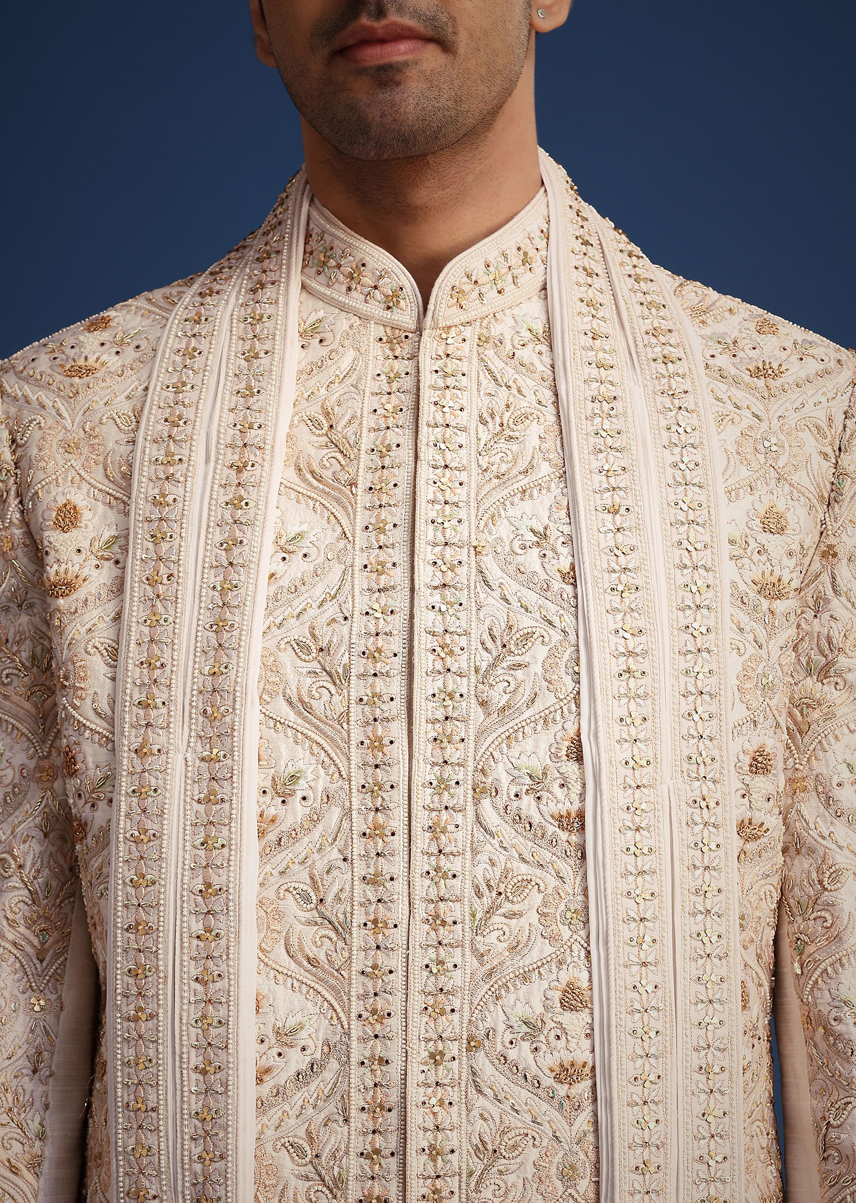 Off White Raw Silk Sherwani Set With Hand Work - Image 4