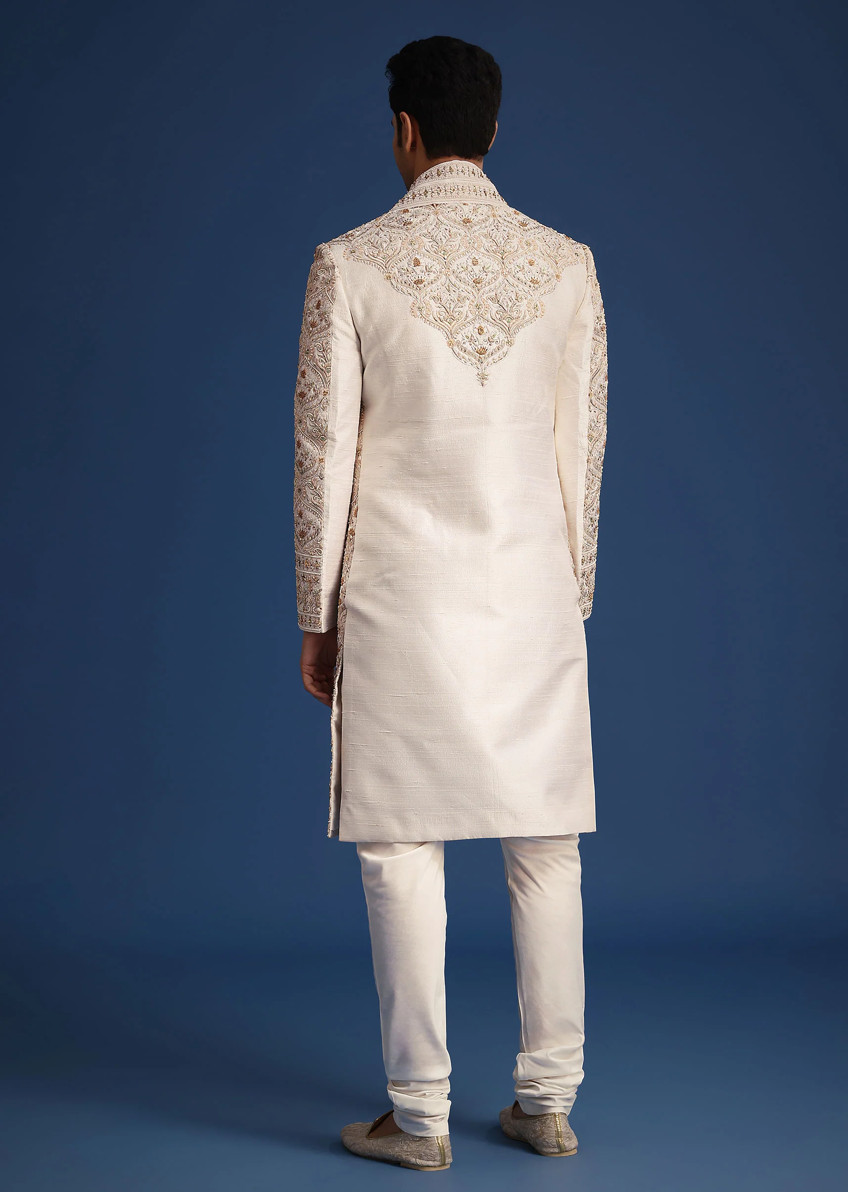 Off White Raw Silk Sherwani Set With Hand Work - Image 5