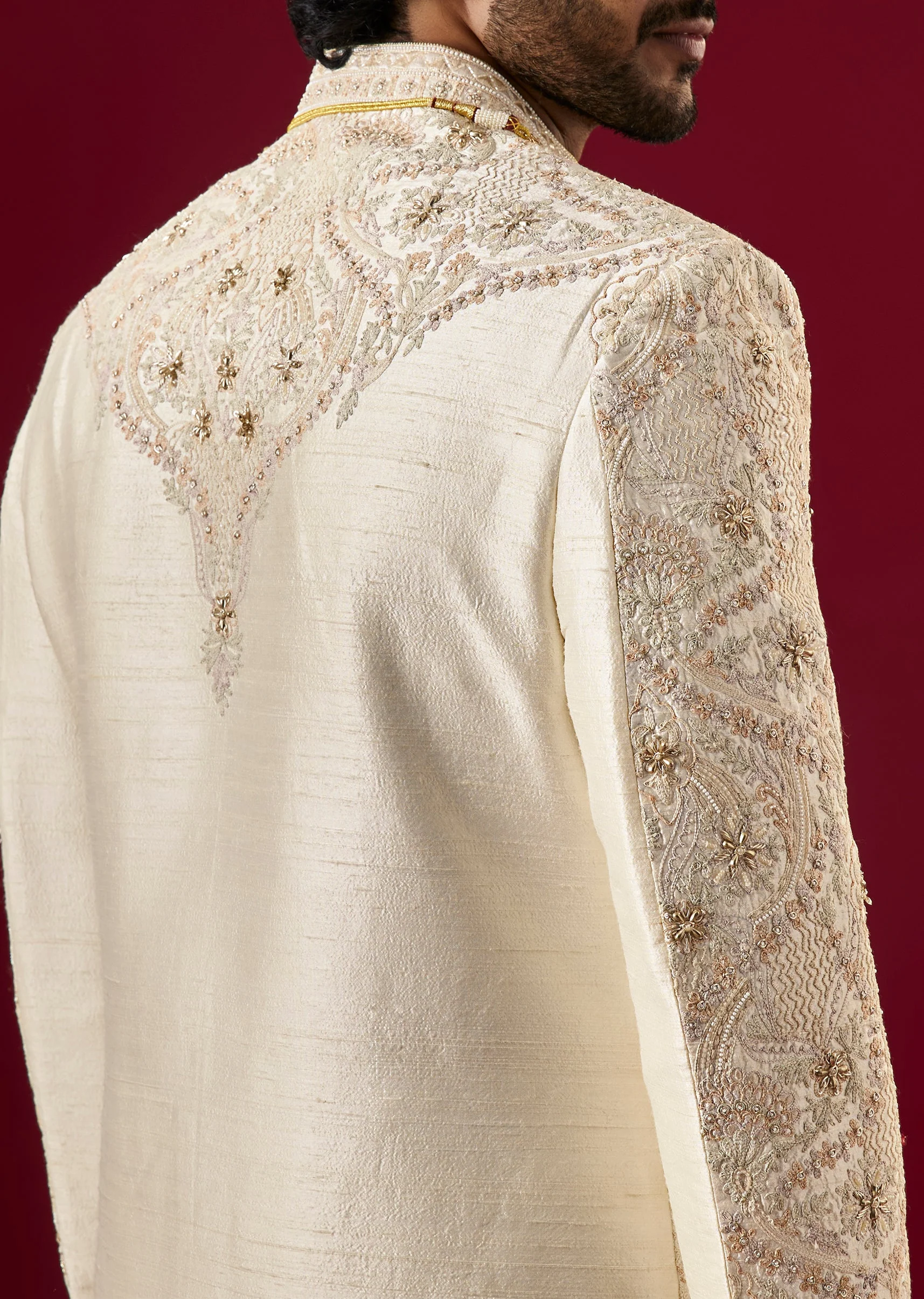 Off White Raw Silk Sherwani Set With Zardosi Work - Image 4