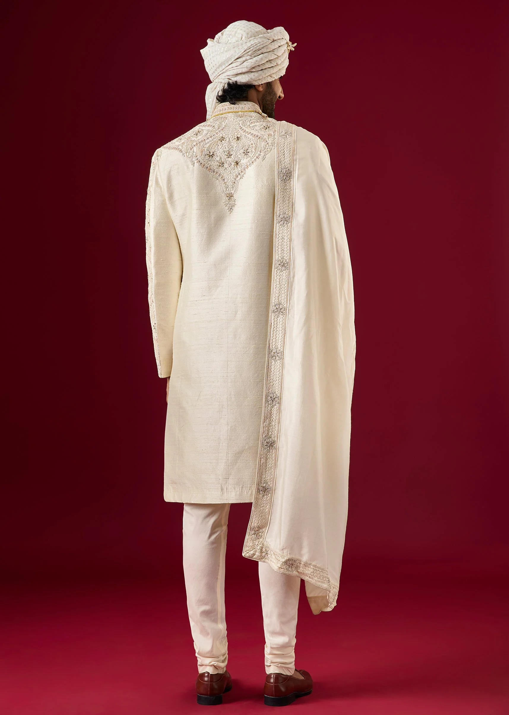 Off White Raw Silk Sherwani Set With Zardosi Work - Image 6