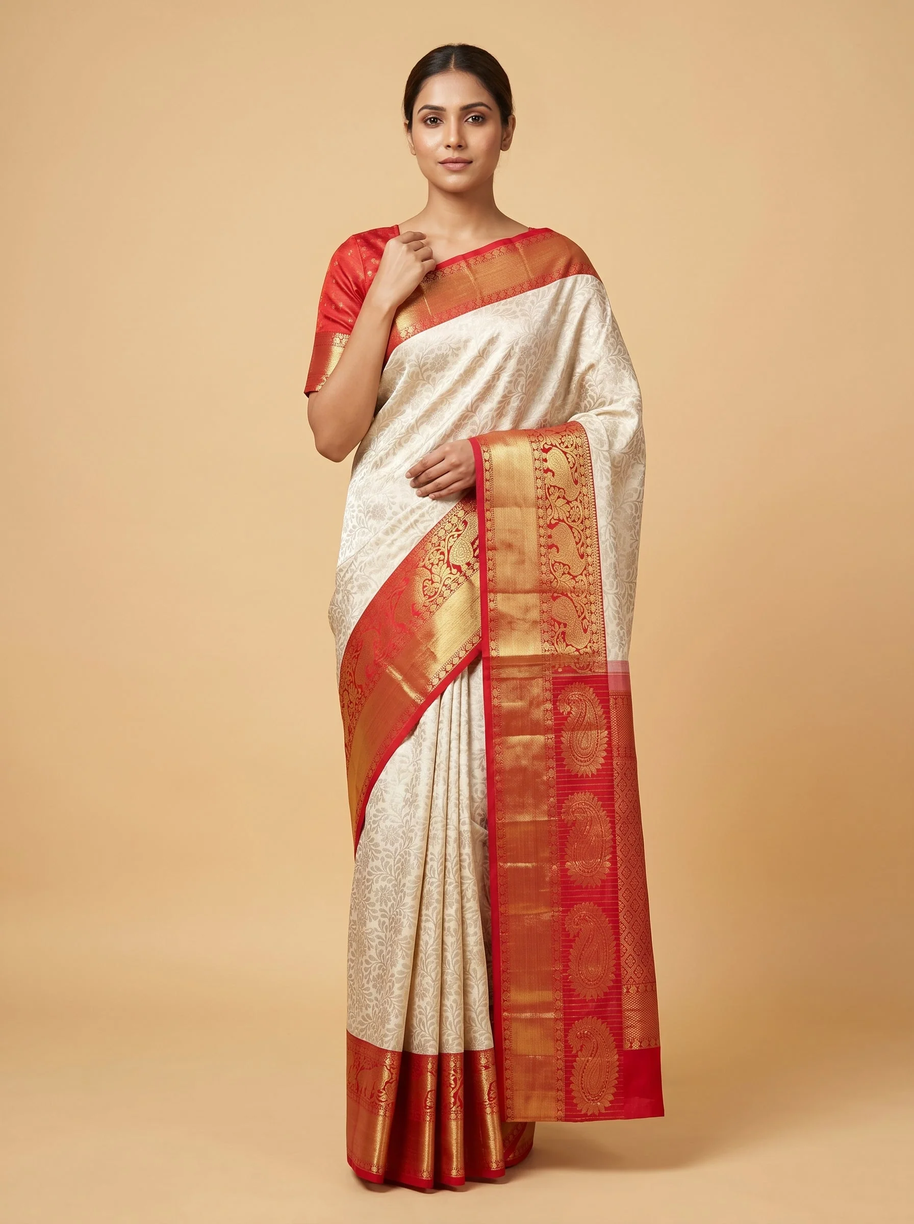 Off White Red Dual Tone Handloom Saree