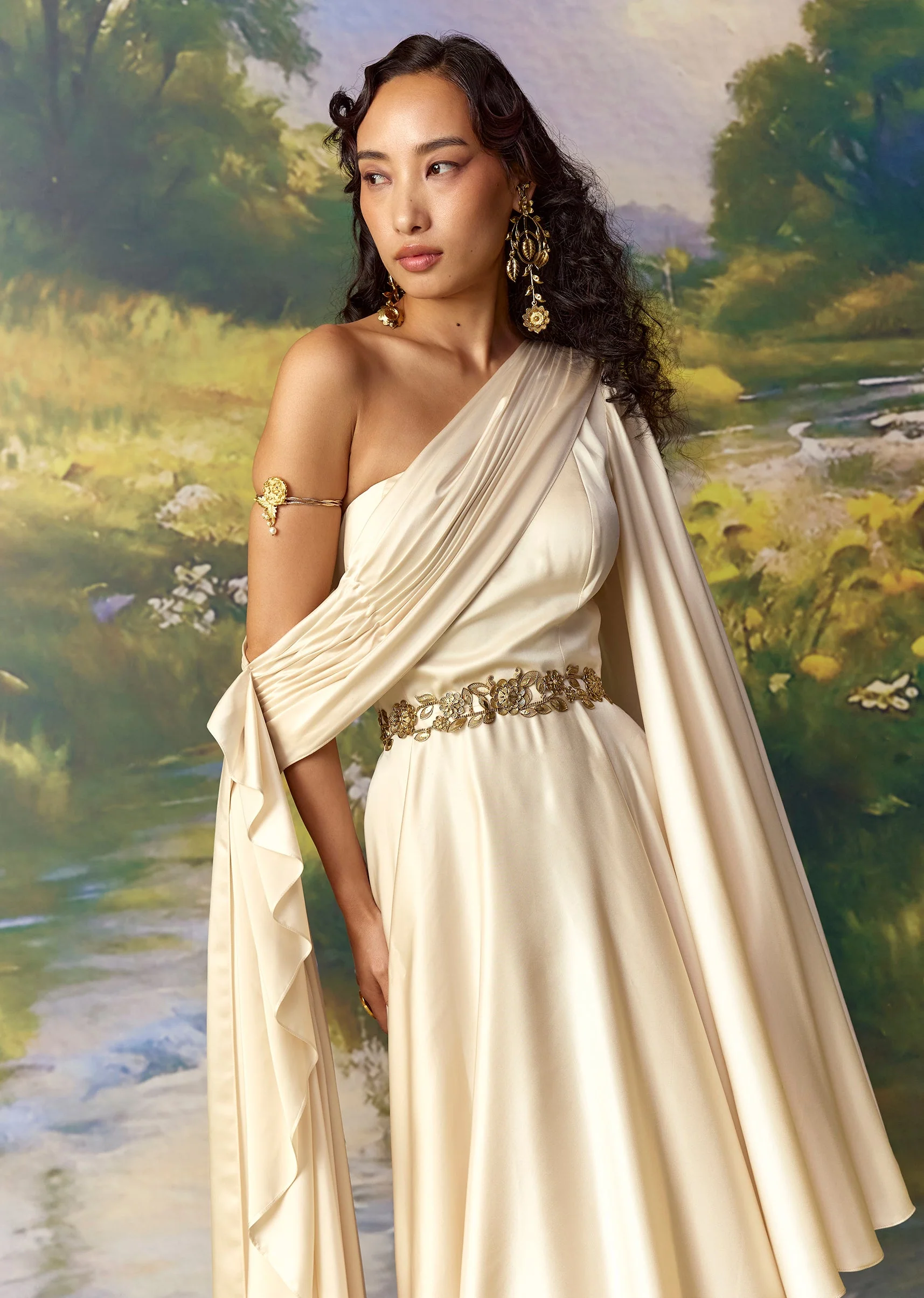 Off White Satin Off Shoulder Kaftan Gown with Belt - Image 5