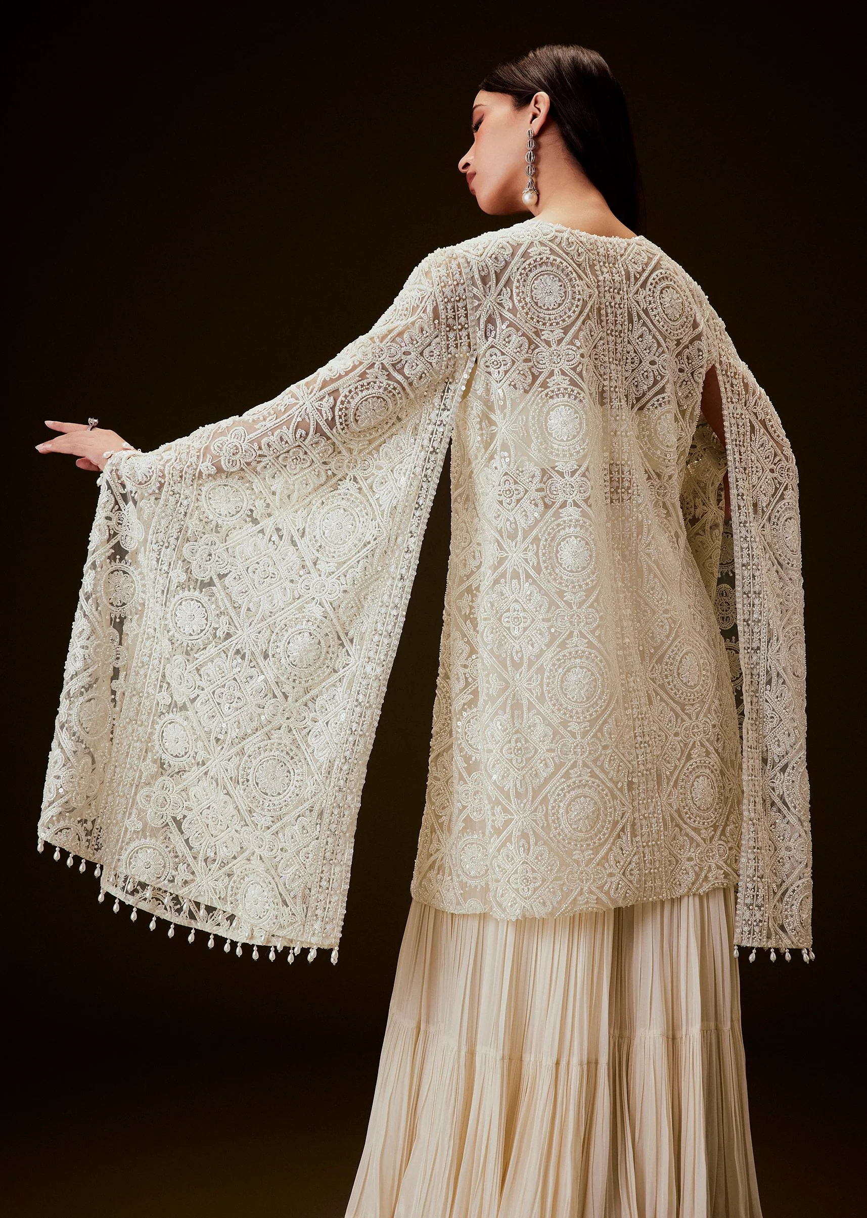 Off White Sequence Crepe Gathered Sharara Set With Fancy Sleeves Jacket - Image 2