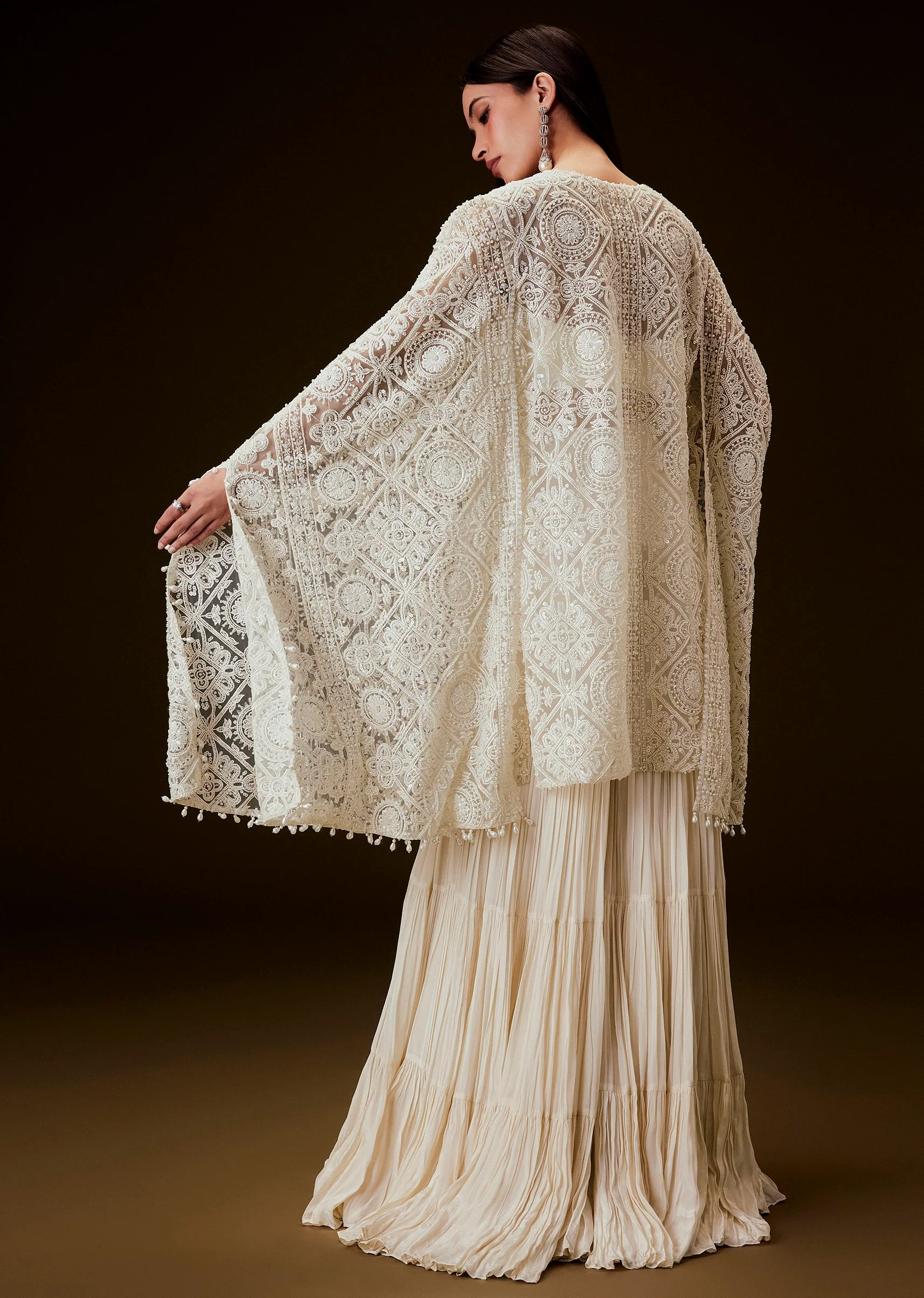 Off White Sequence Crepe Gathered Sharara Set With Fancy Sleeves Jacket - Image 3