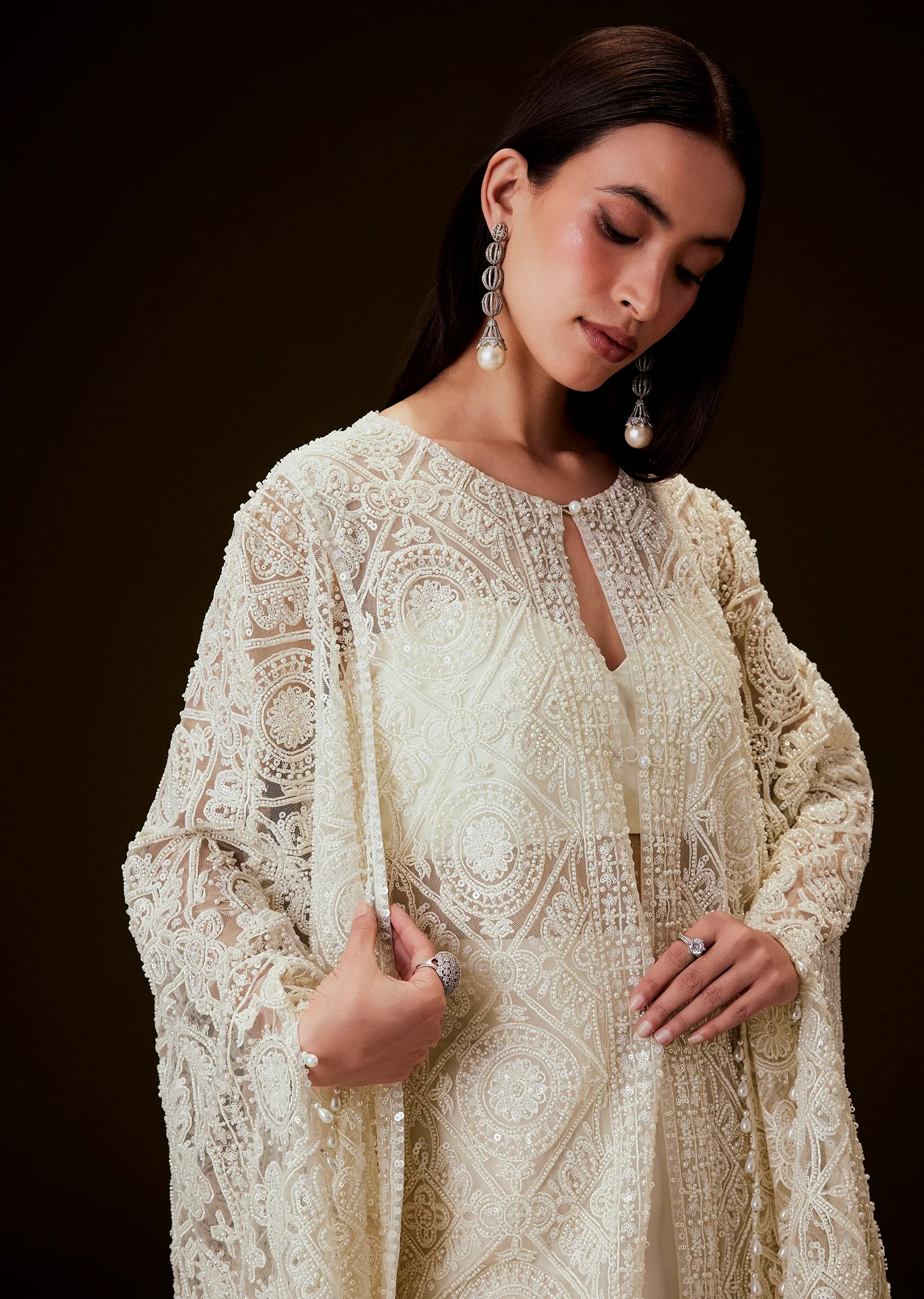 Off White Sequence Crepe Gathered Sharara Set With Fancy Sleeves Jacket - Image 4