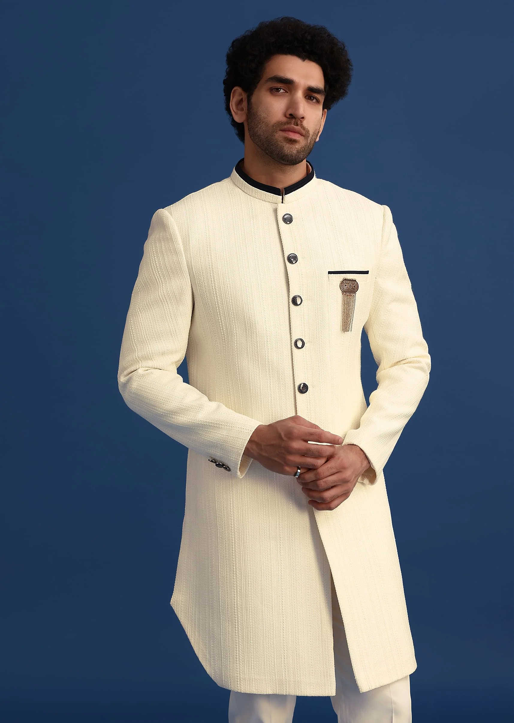 Off White Silk Blend Jodhpuri Set with Textured Detail - Image 4