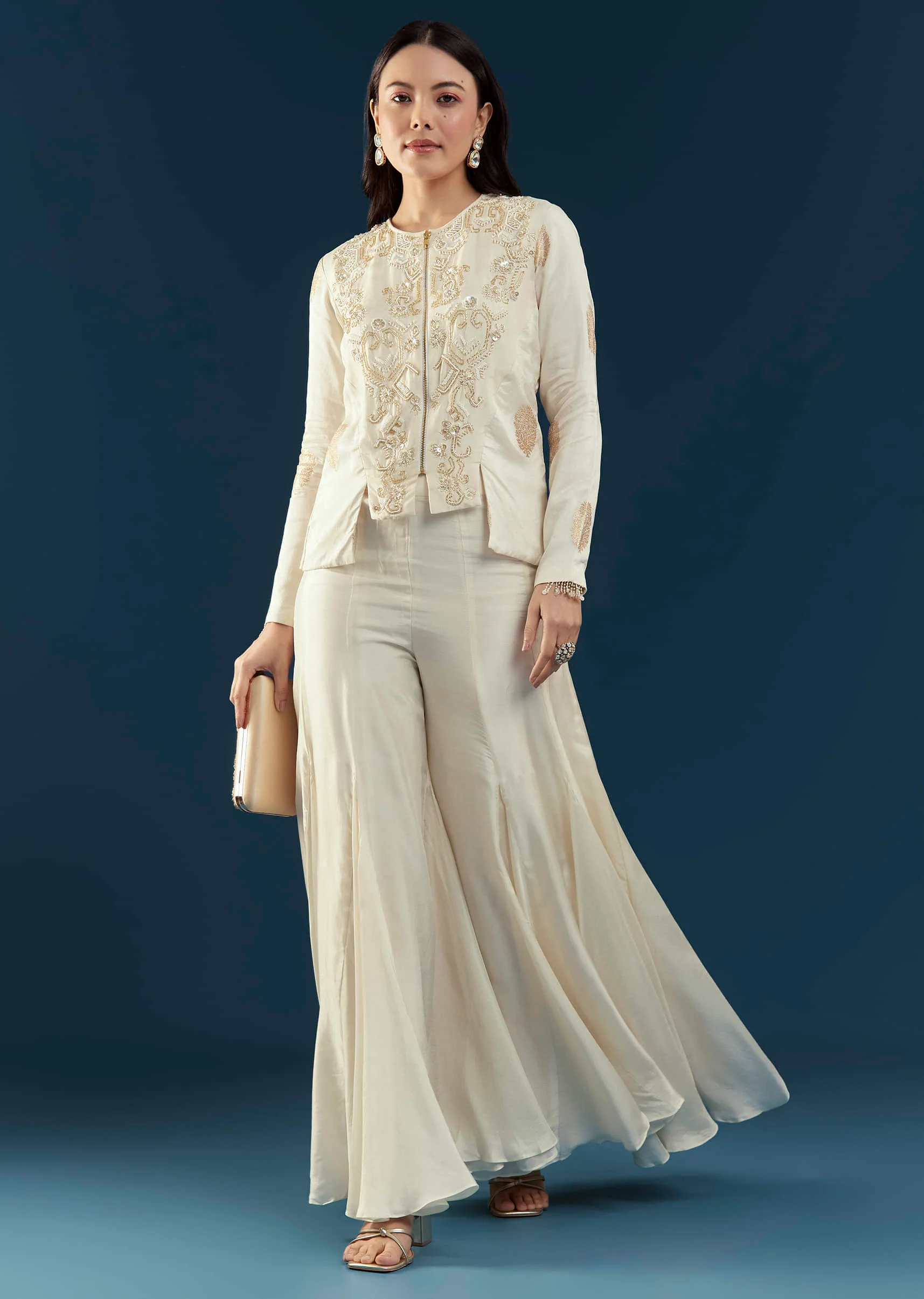 Off White Silk Embroidered Crop Top and Pant Set