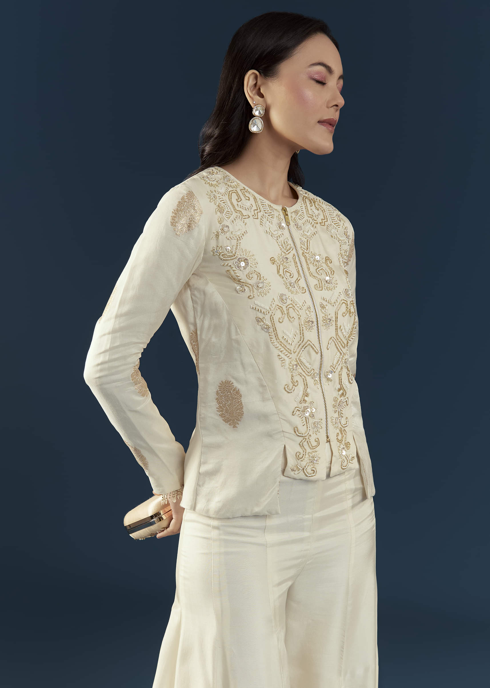 Off White Silk Embroidered Crop Top and Pant Set - Image 4