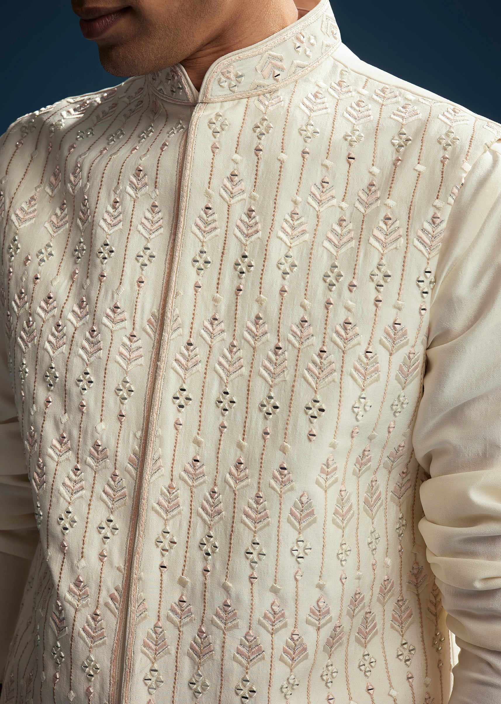 Off White Silk Kurta Jacket Set For Men With Mirror Embroidery - Image 3
