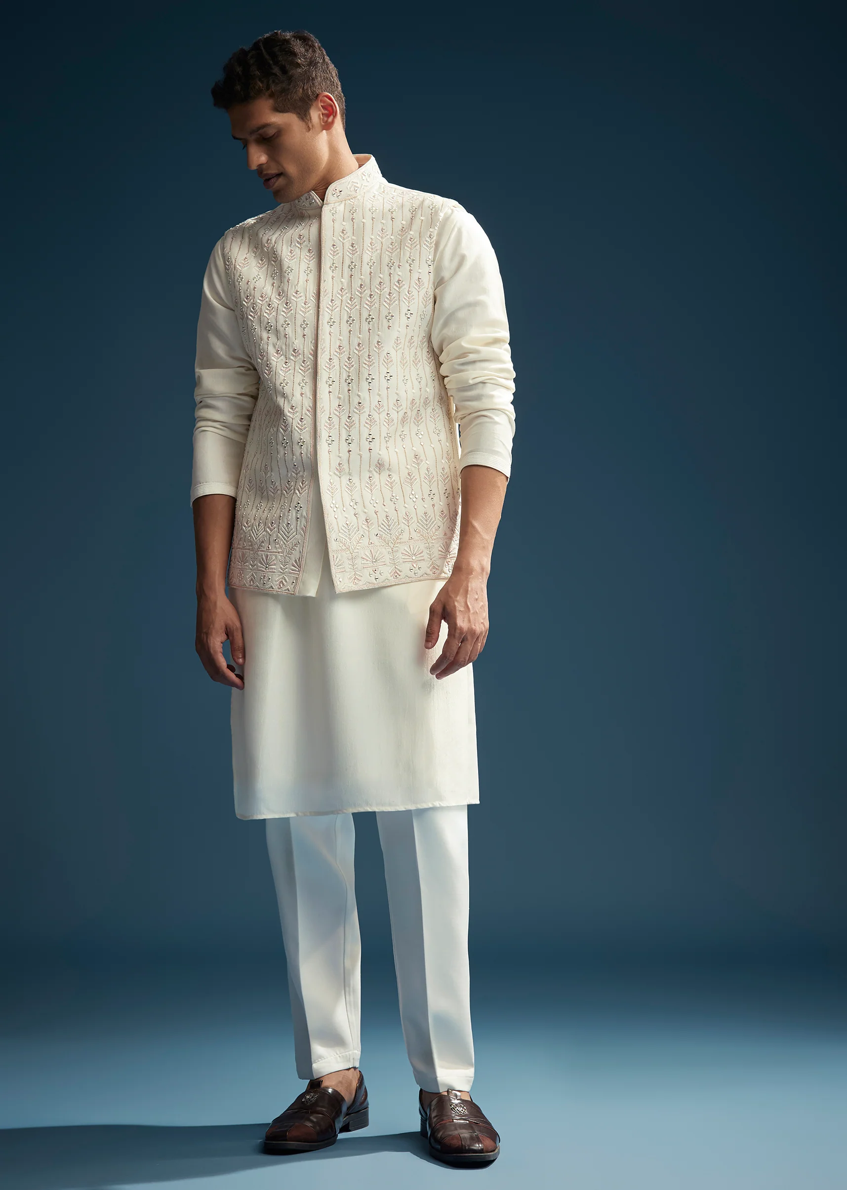 Off White Silk Kurta Jacket Set For Men With Mirror Embroidery - Image 4