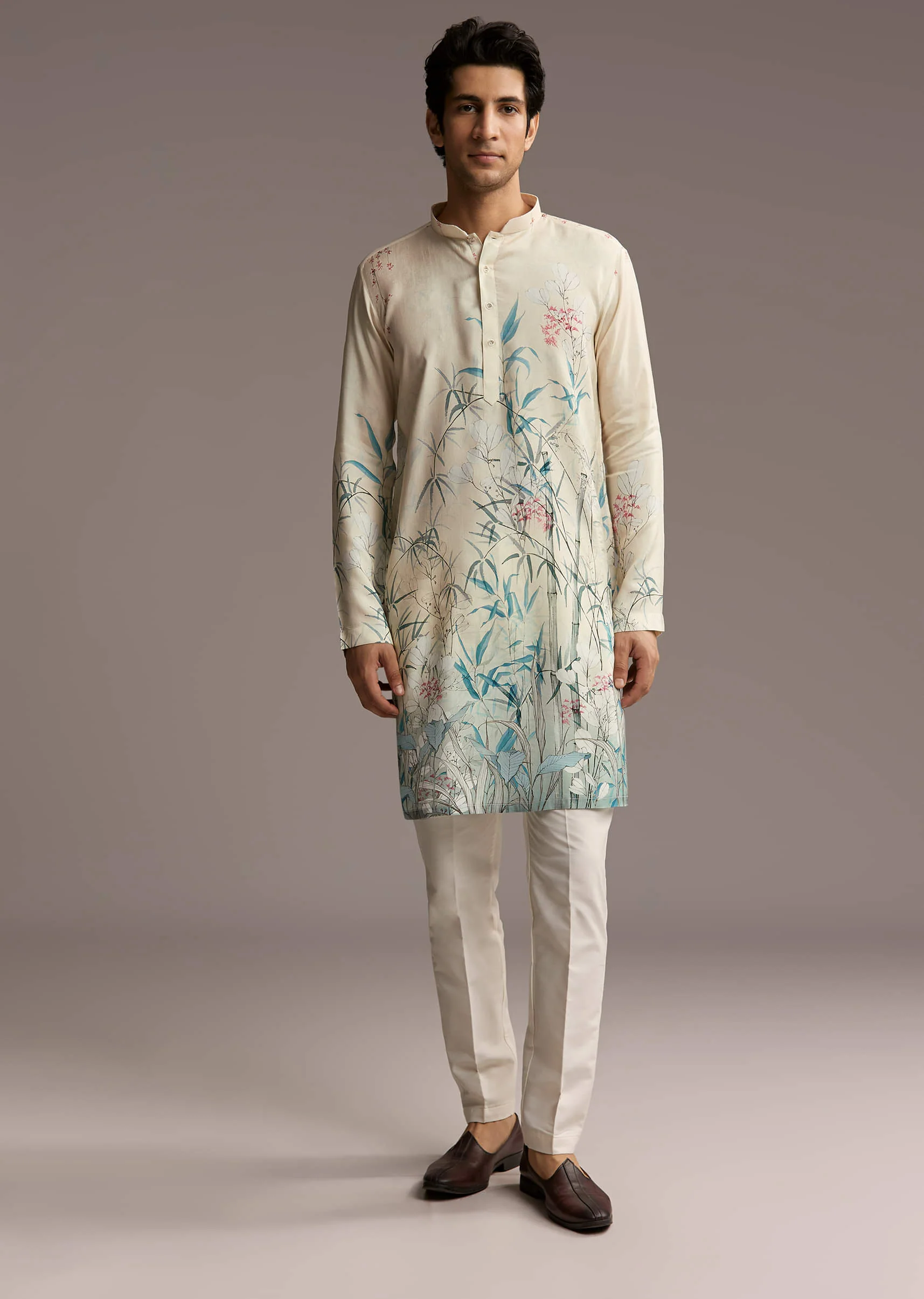 Off White Silk Kurta Set For Men With Botanical Garden Print - Image 4