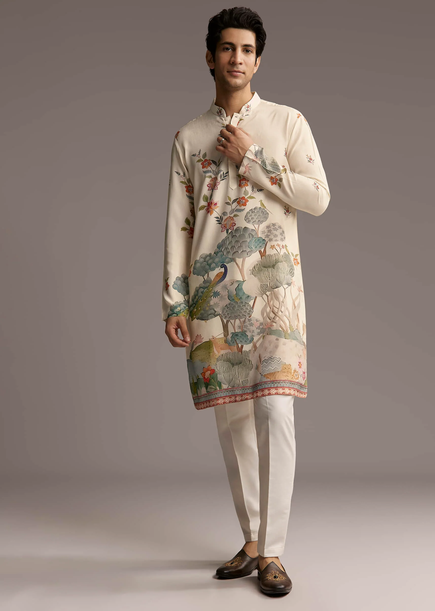 Off White Silk Kurta Set For Men With Scenic Nature Inspired Print - Image 3